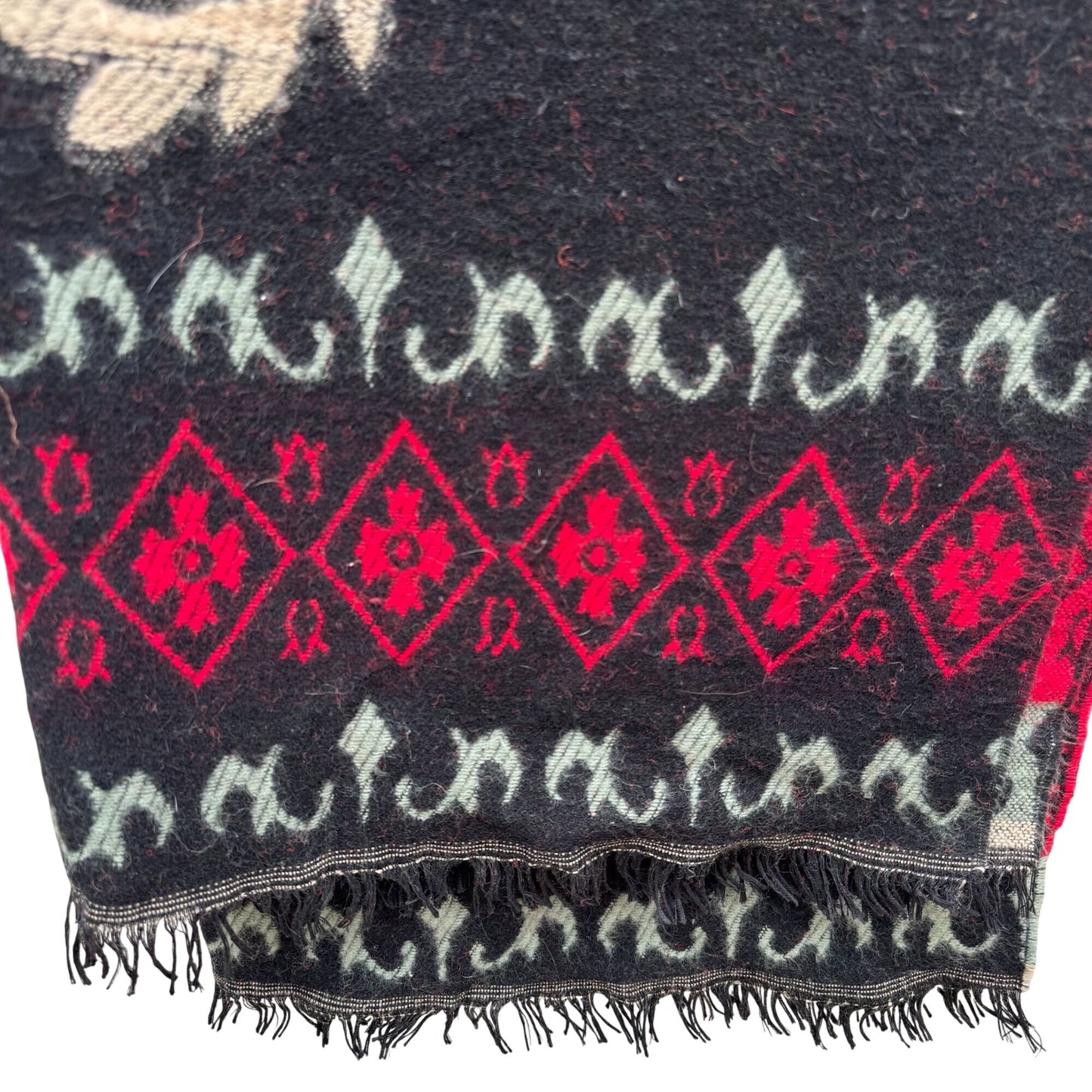 Vintage Floral Wool Blend Black Wrap Scarf Shawl Red Diamond Border Fringe Boho