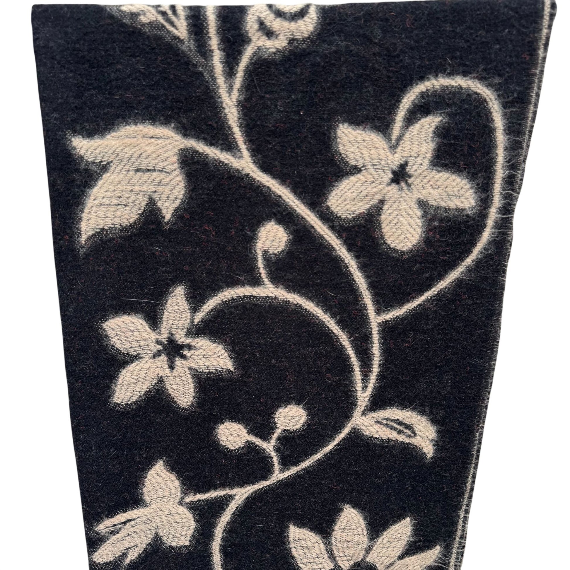 Vintage Floral Wool Blend Black Wrap Scarf Shawl Red Diamond Border Fringe Boho