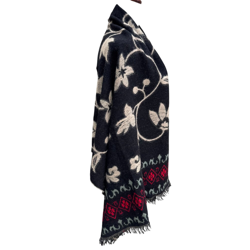 Vintage Floral Wool Blend Black Wrap Scarf Shawl Red Diamond Border Fringe Boho