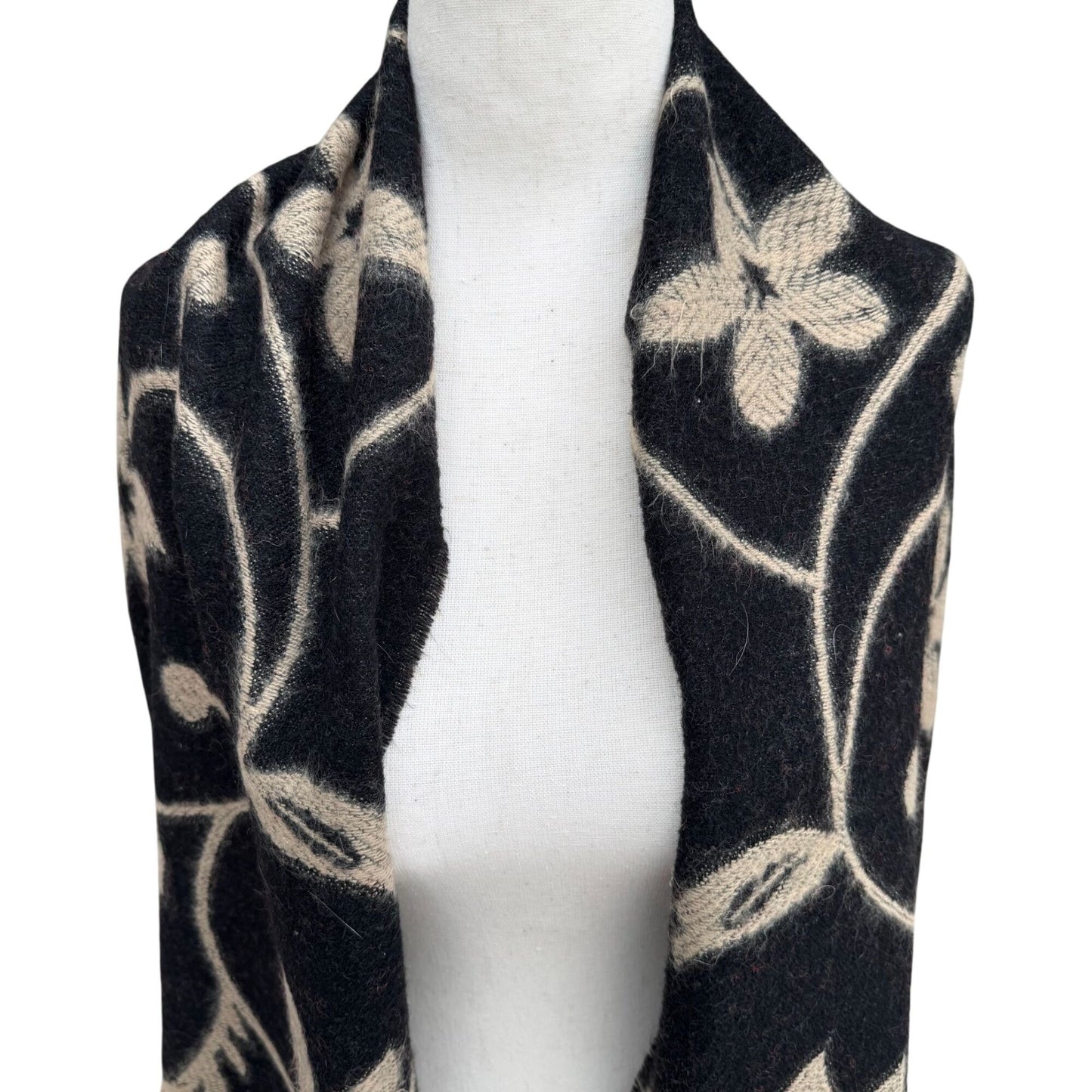 Vintage Floral Wool Blend Black Wrap Scarf Shawl Red Diamond Border Fringe Boho