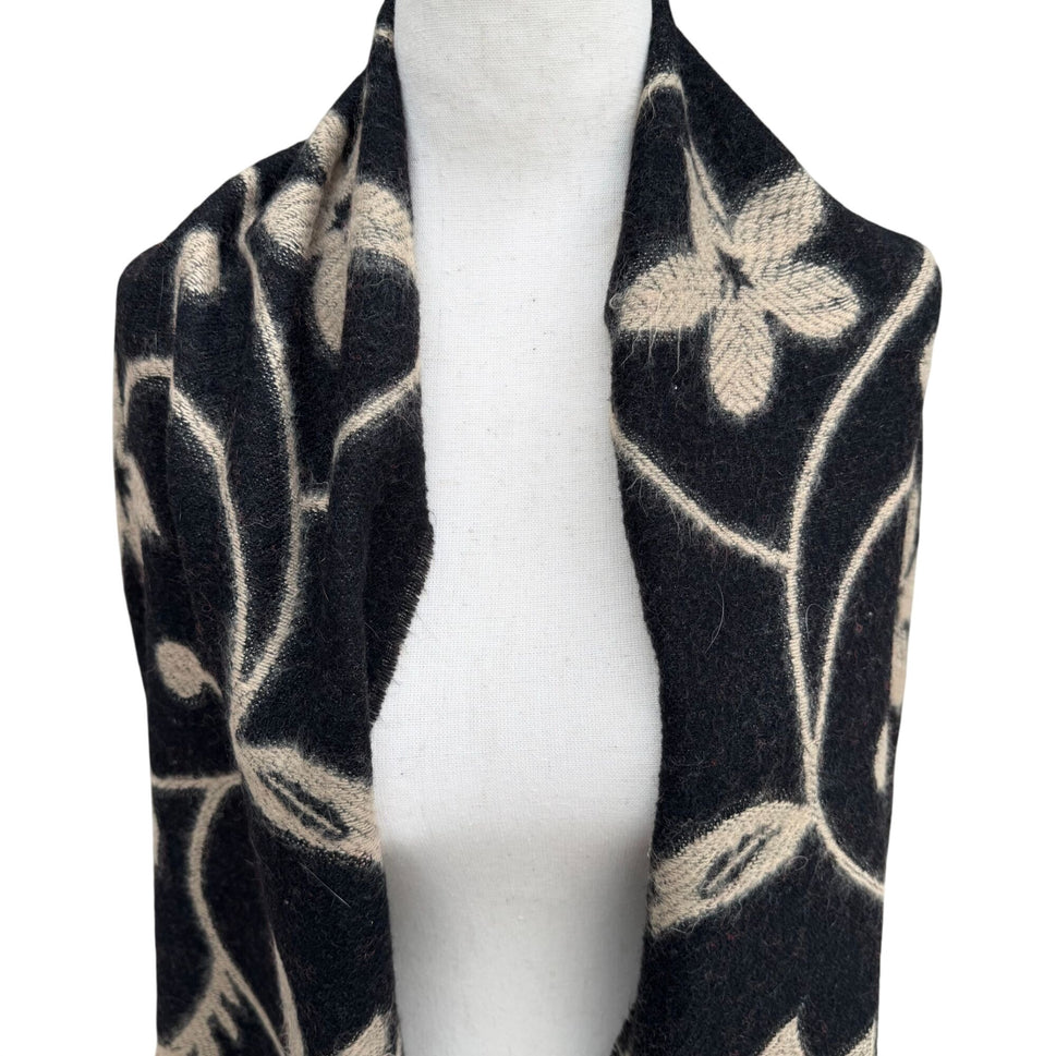 Vintage Floral Wool Blend Black Wrap Scarf Shawl Red Diamond Border Fringe Boho