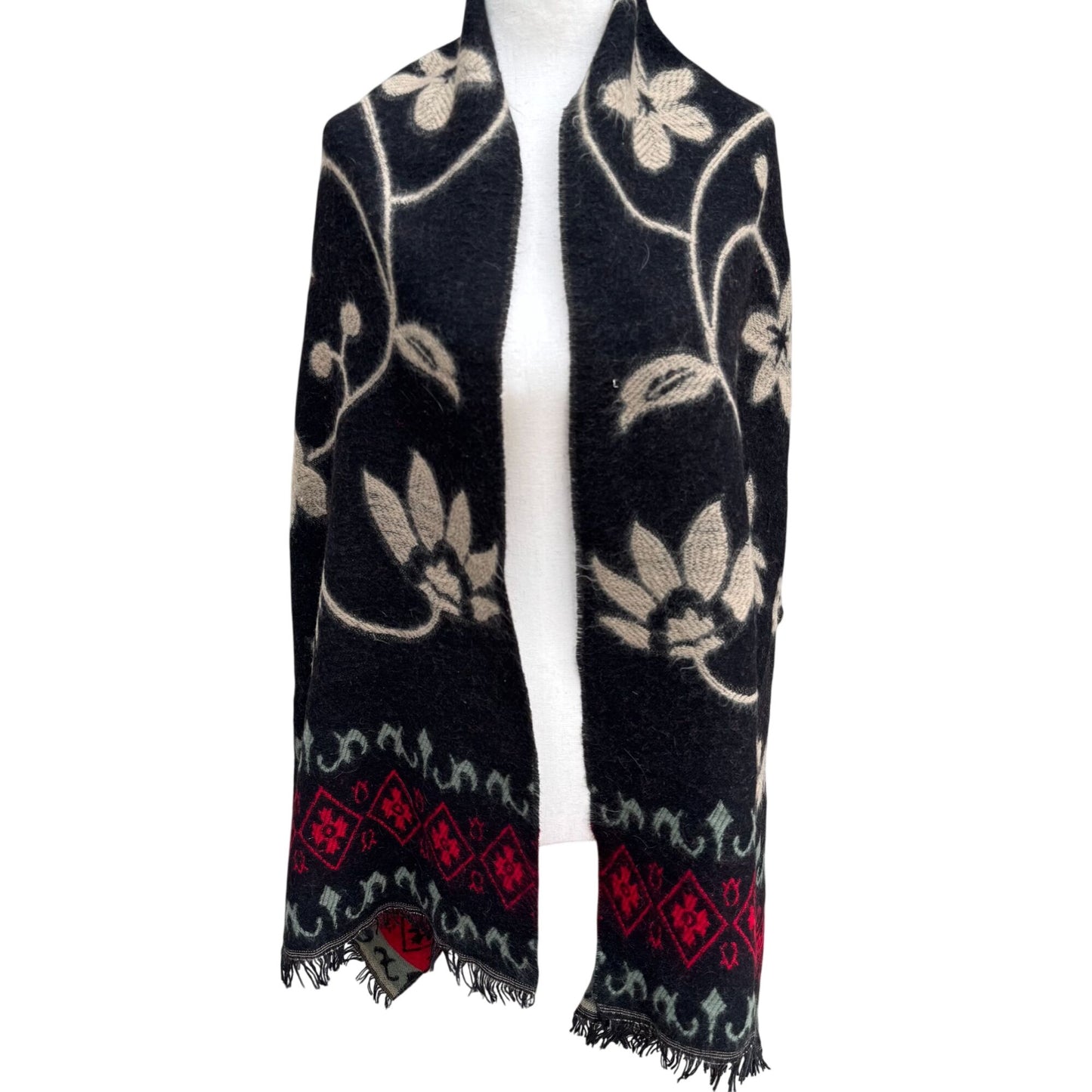 Vintage Floral Wool Blend Black Wrap Scarf Shawl Red Diamond Border Fringe Boho