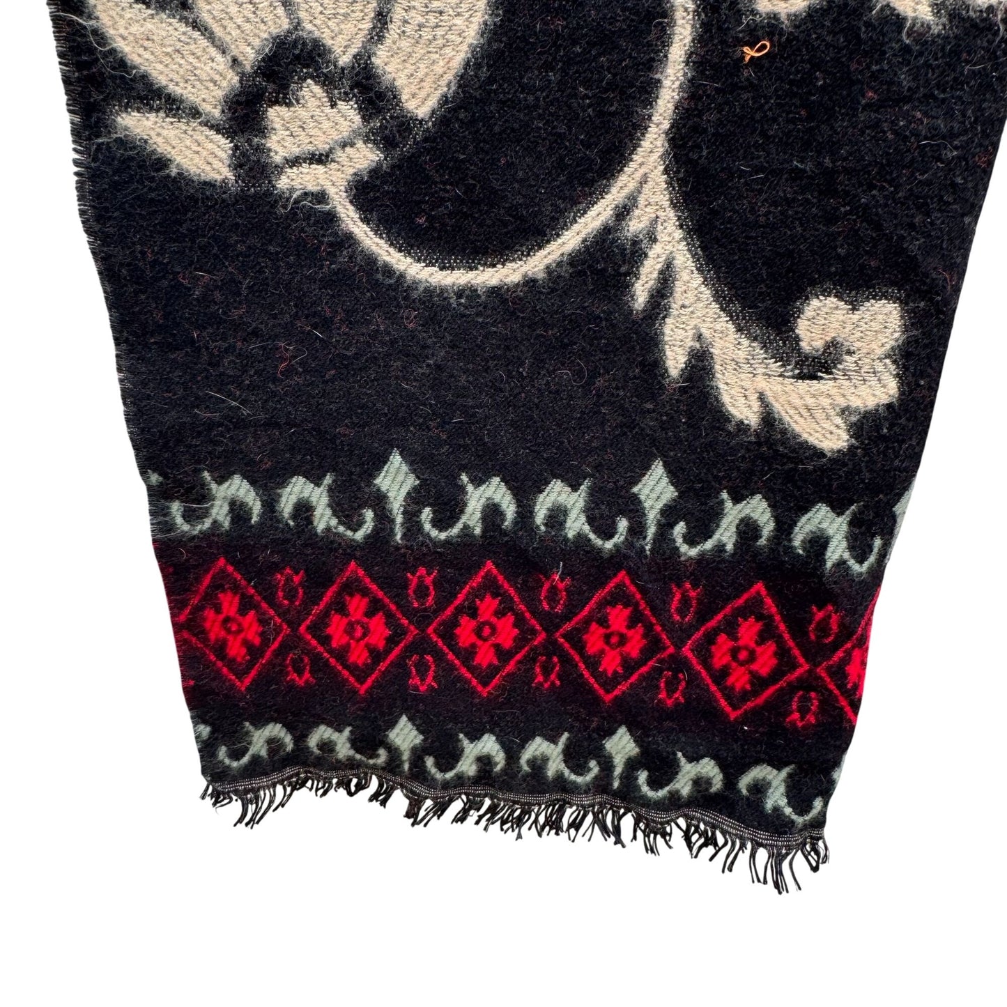 Vintage Floral Wool Blend Black Wrap Scarf Shawl Red Diamond Border Fringe Boho