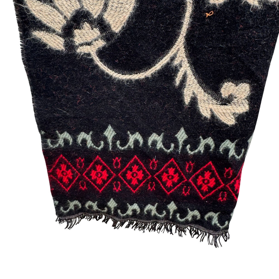 Vintage Floral Wool Blend Black Wrap Scarf Shawl Red Diamond Border Fringe Boho