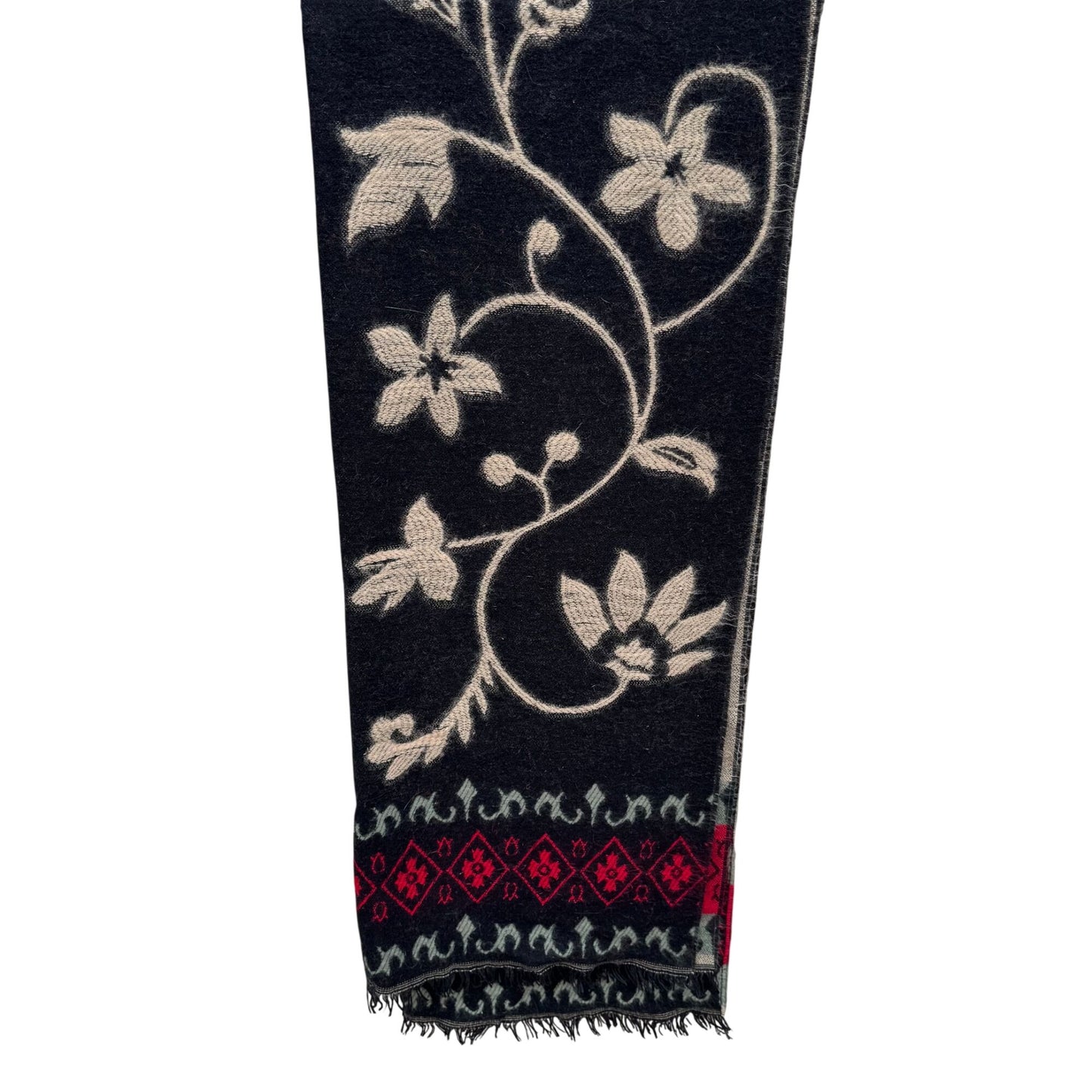 Vintage Floral Wool Blend Black Wrap Scarf Shawl Red Diamond Border Fringe Boho