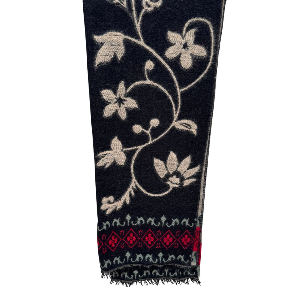 Vintage Floral Wool Blend Black Wrap Scarf Shawl Red Diamond Border Fringe Boho