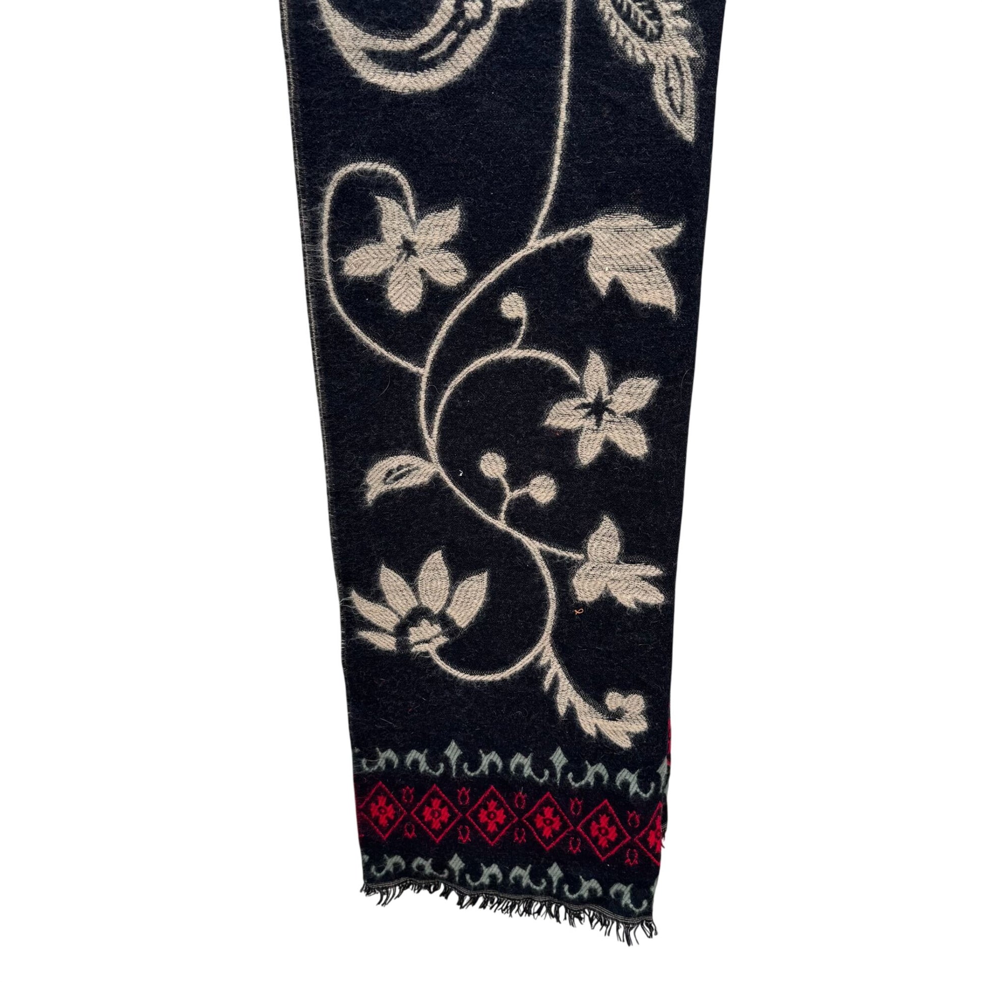 Vintage Floral Wool Blend Black Wrap Scarf Shawl Red Diamond Border Fringe Boho