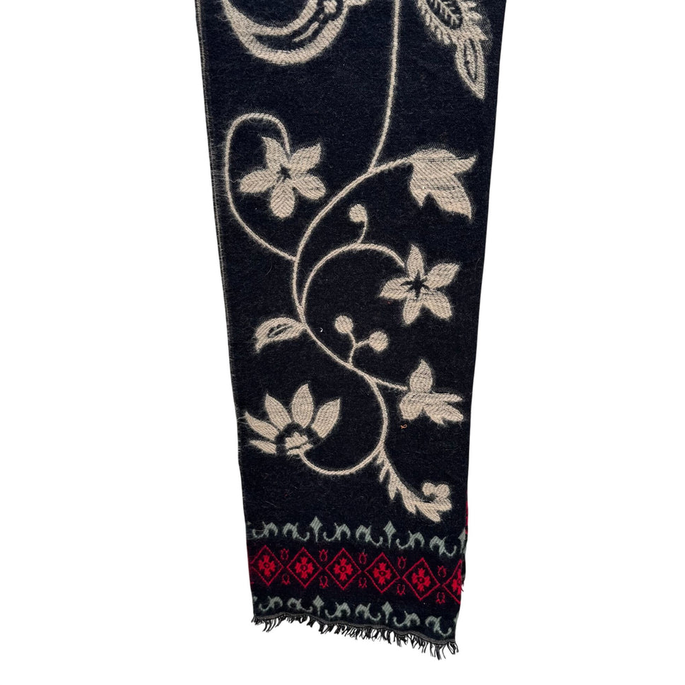 Vintage Floral Wool Blend Black Wrap Scarf Shawl Red Diamond Border Fringe Boho
