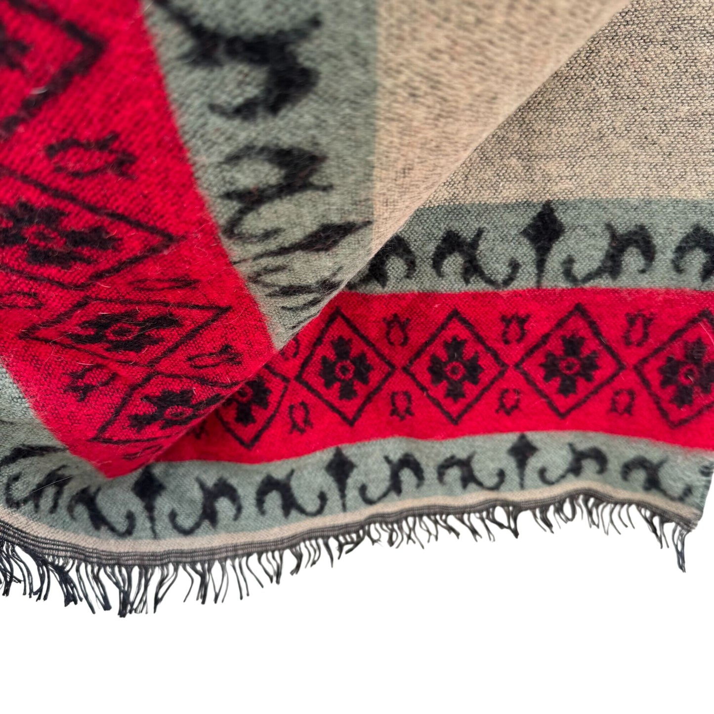 Vintage Floral Wool Blend Black Wrap Scarf Shawl Red Diamond Border Fringe Boho