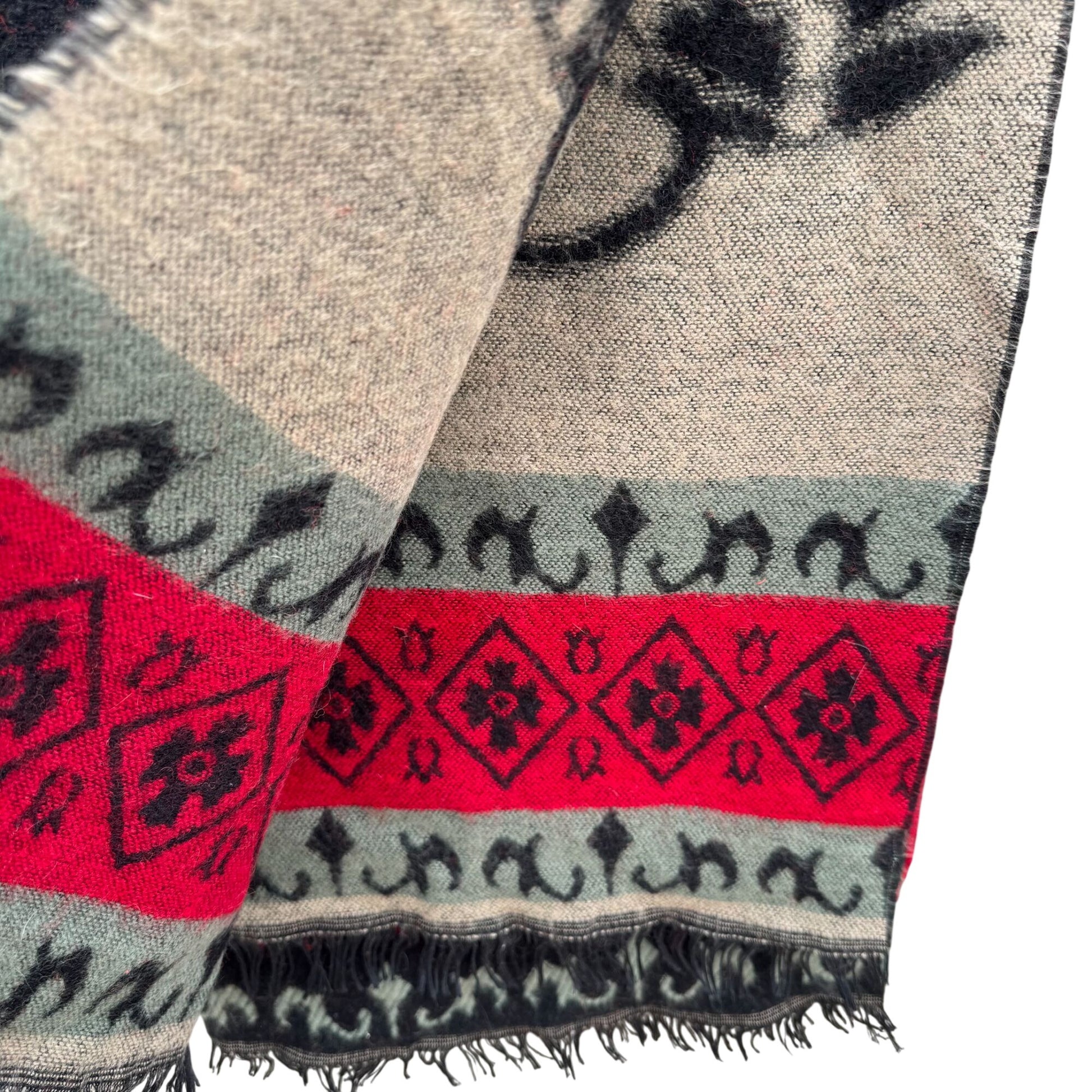 Vintage Floral Wool Blend Black Wrap Scarf Shawl Red Diamond Border Fringe Boho