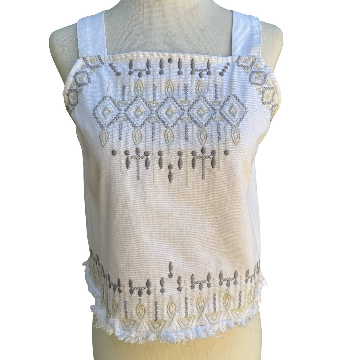 BlankNYC Boho Festival Western Denim Embroidered Crop Top Tie Back Boho White M