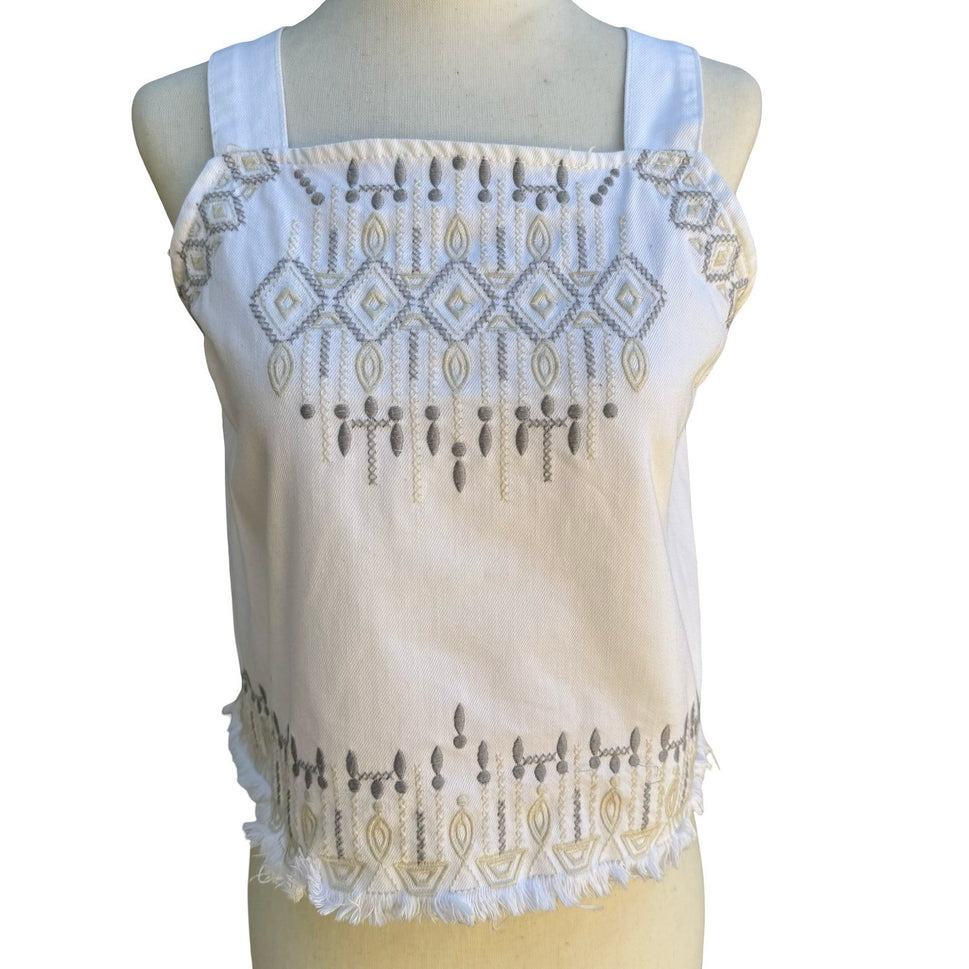 BlankNYC Boho Festival Western Denim Embroidered Crop Top Tie Back Boho White M