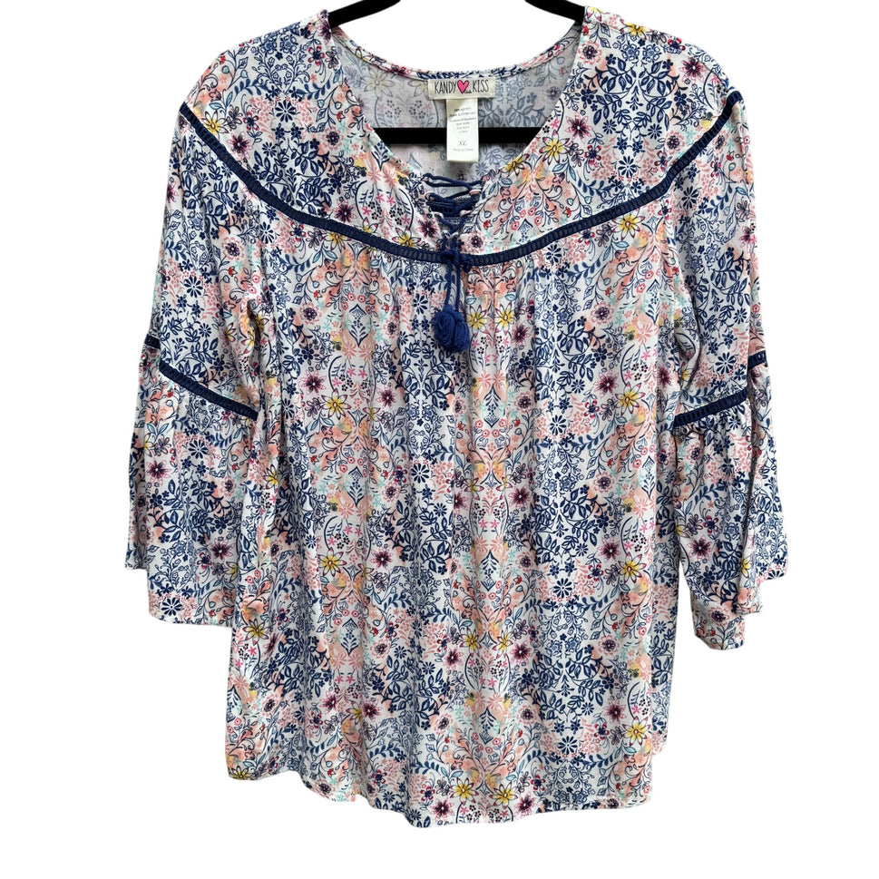 Kandy Kiss Womens Blue Pink Floral Boho 3/4 Bell Sleeve Tassel Detail Blouse XL