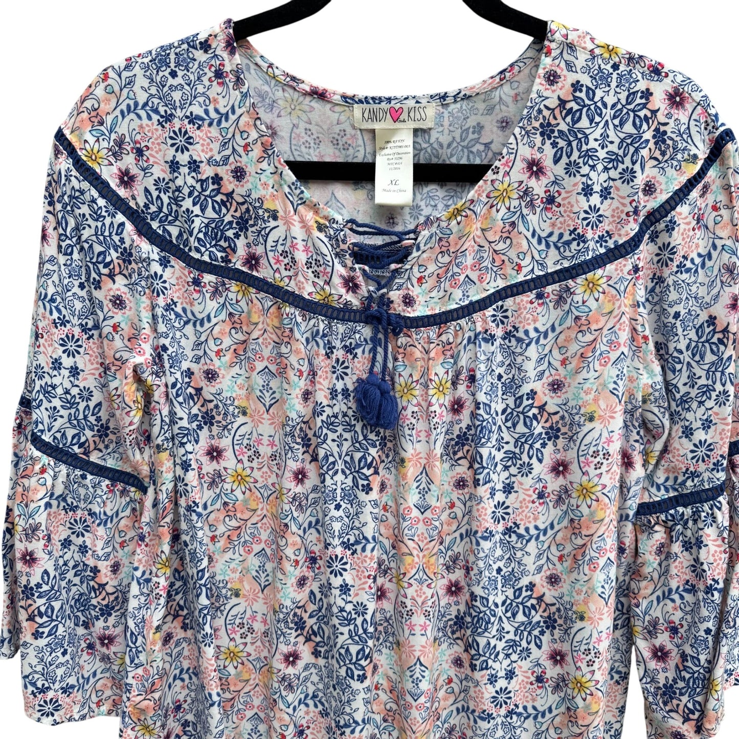Kandy Kiss Womens Blue Pink Floral Boho 3/4 Bell Sleeve Tassel Detail Blouse XL