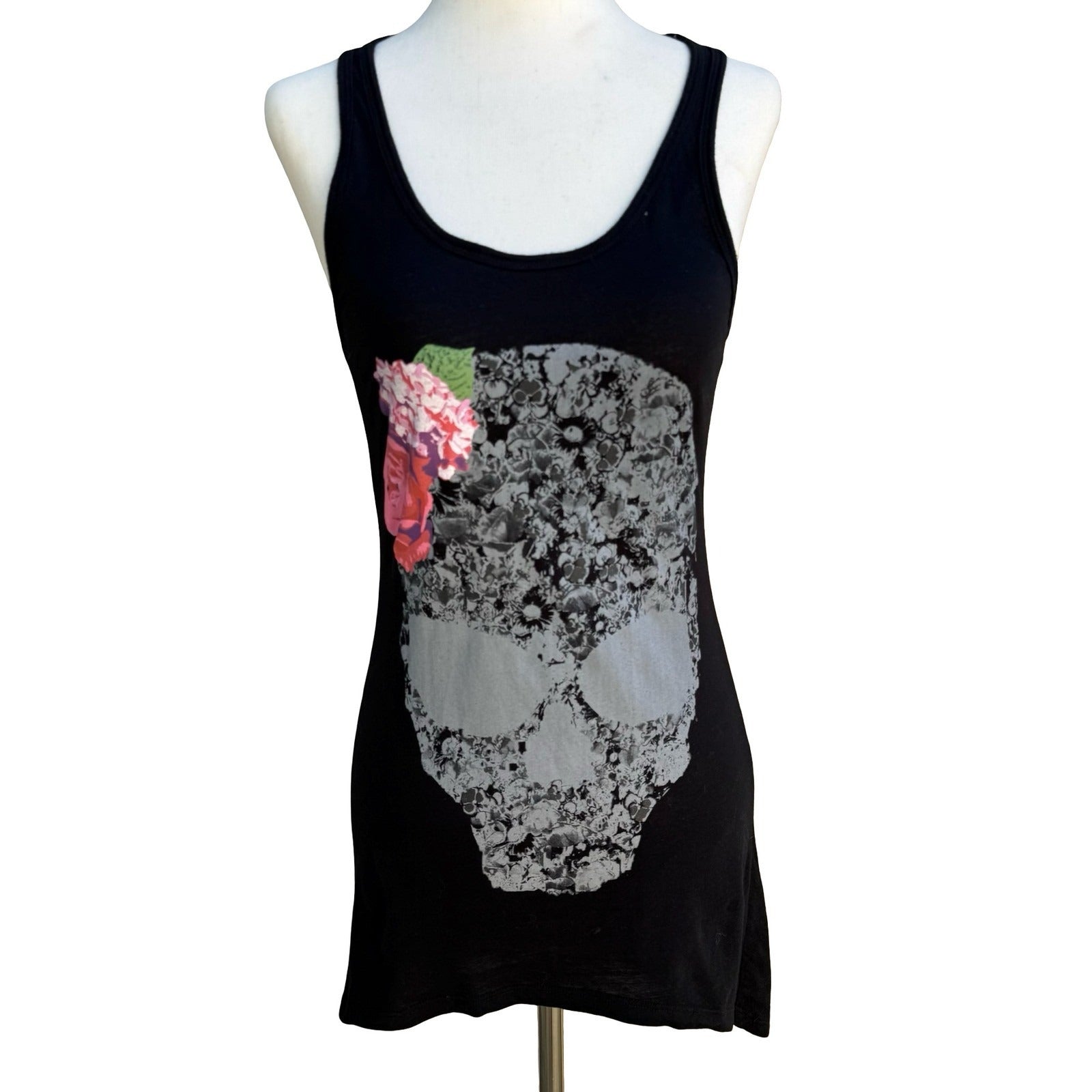 Pure Oxygen Dark Floral Skull Gothic Edgy Grunge Racerback Tank Black Womens S