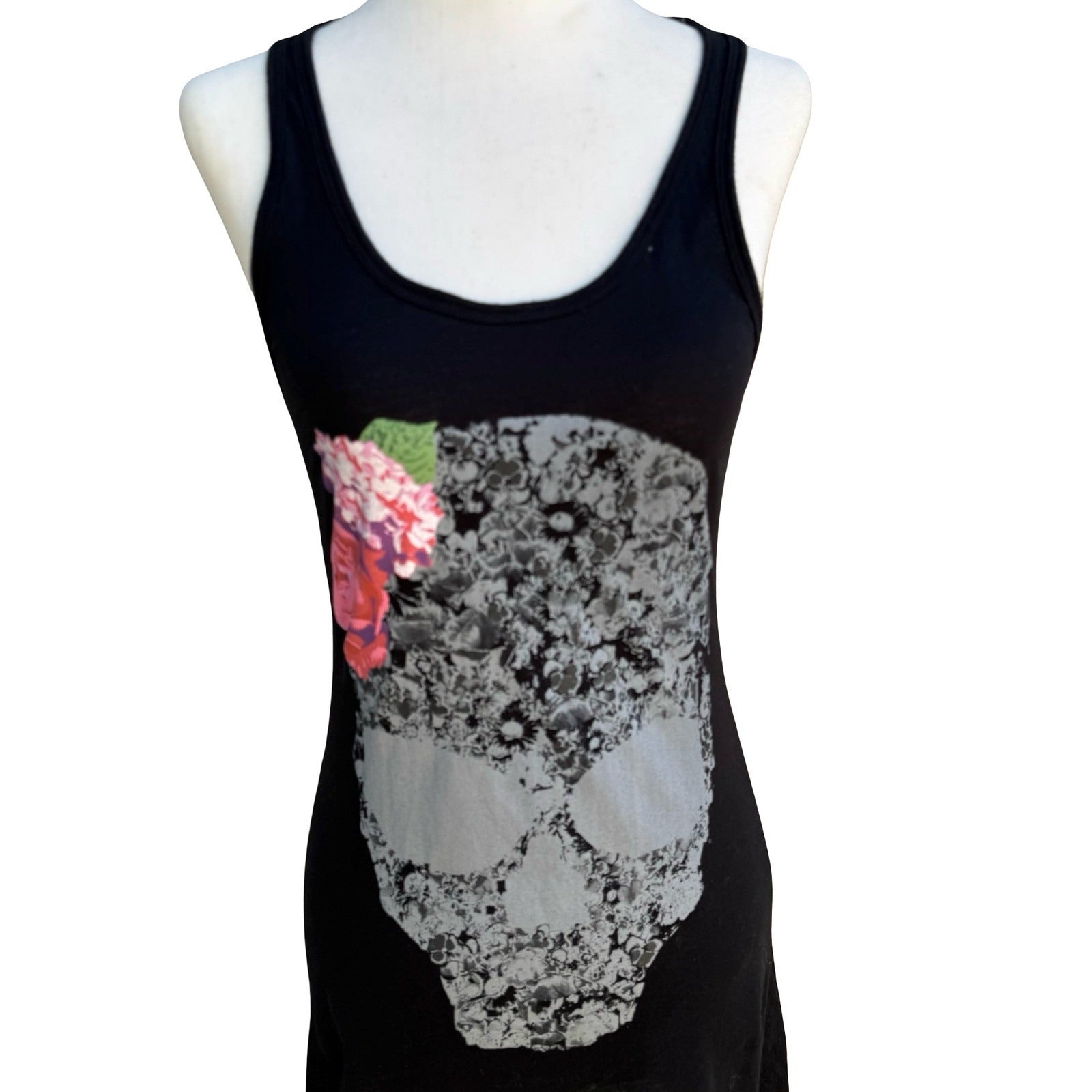 Pure Oxygen Dark Floral Skull Gothic Edgy Grunge Racerback Tank Black Womens S