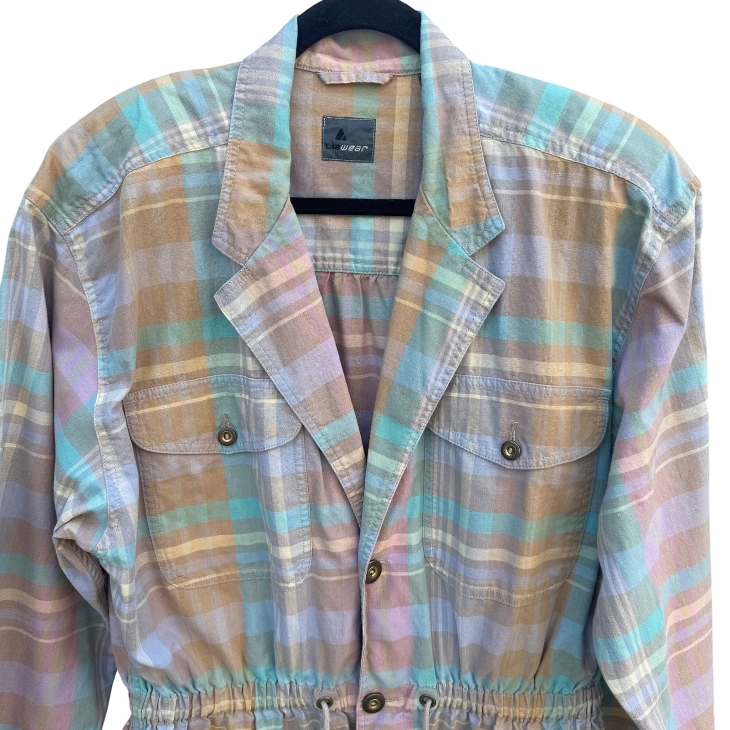 Lizwear Vintage 80s Pastel Plaid Womens Elastic Drawstring Waist Retro Jacket LG