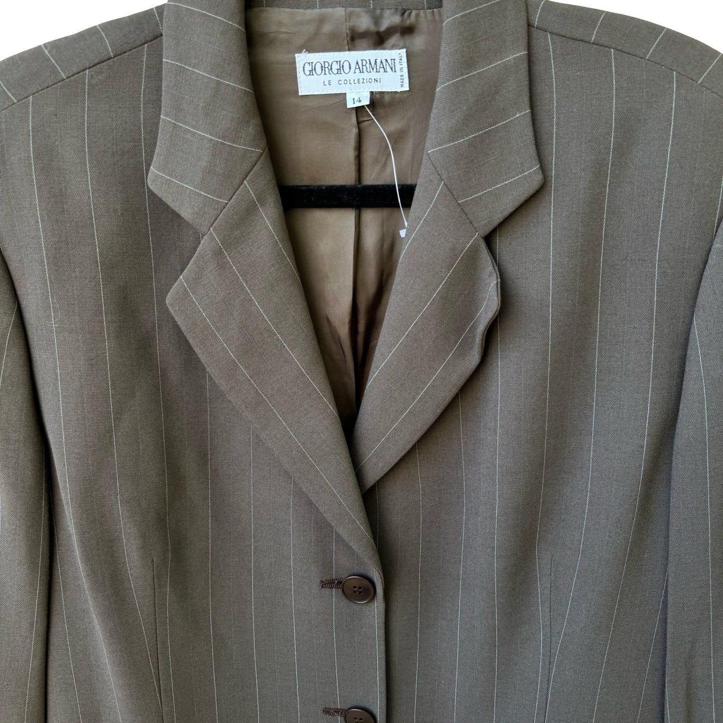 Giorgio Armani Le Collezioni Vintage Pinstripe Pant Suit Brown Wool Blend 14 NEW