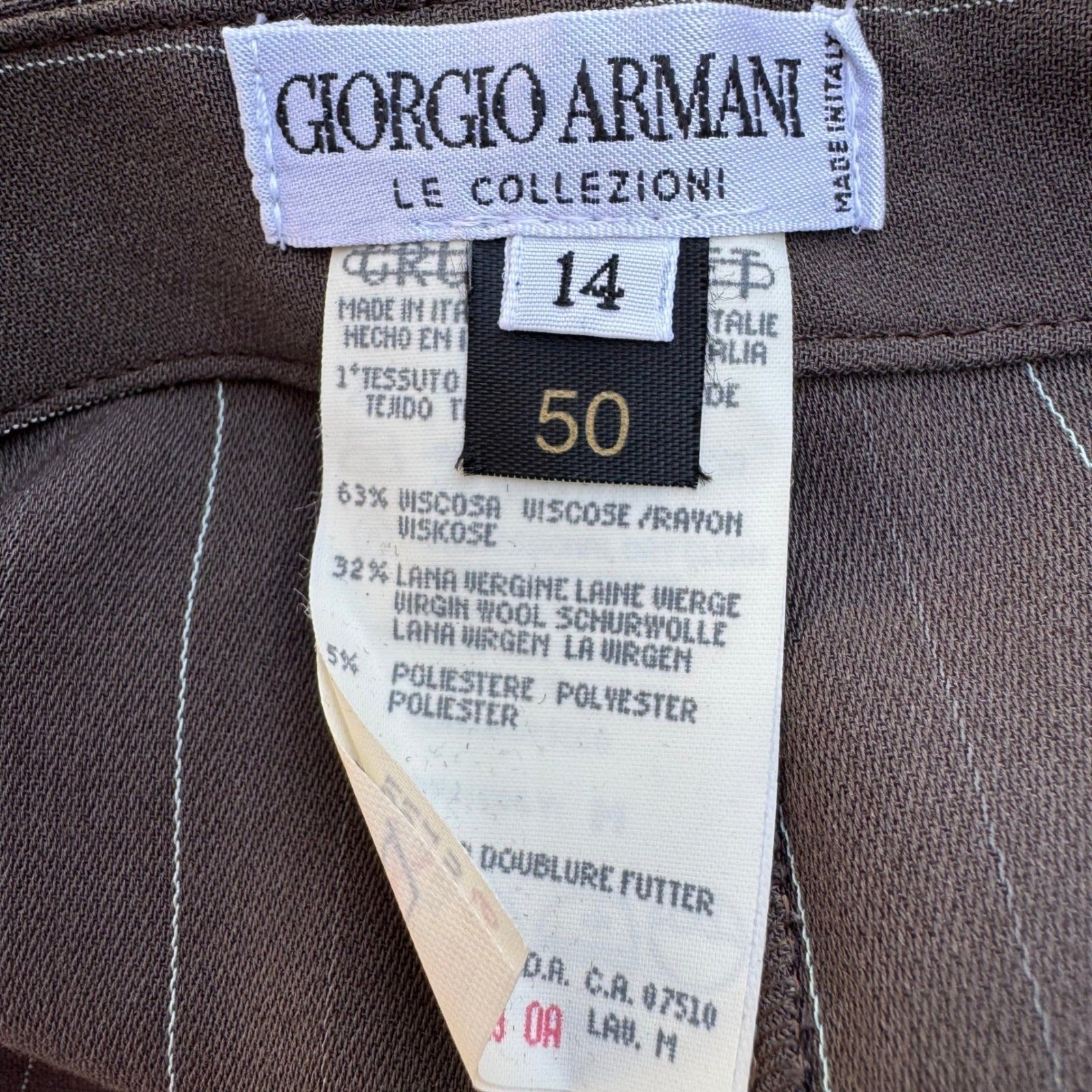 Giorgio Armani Le Collezioni Vintage Pinstripe Pant Suit Brown Wool Blend 14 NEW