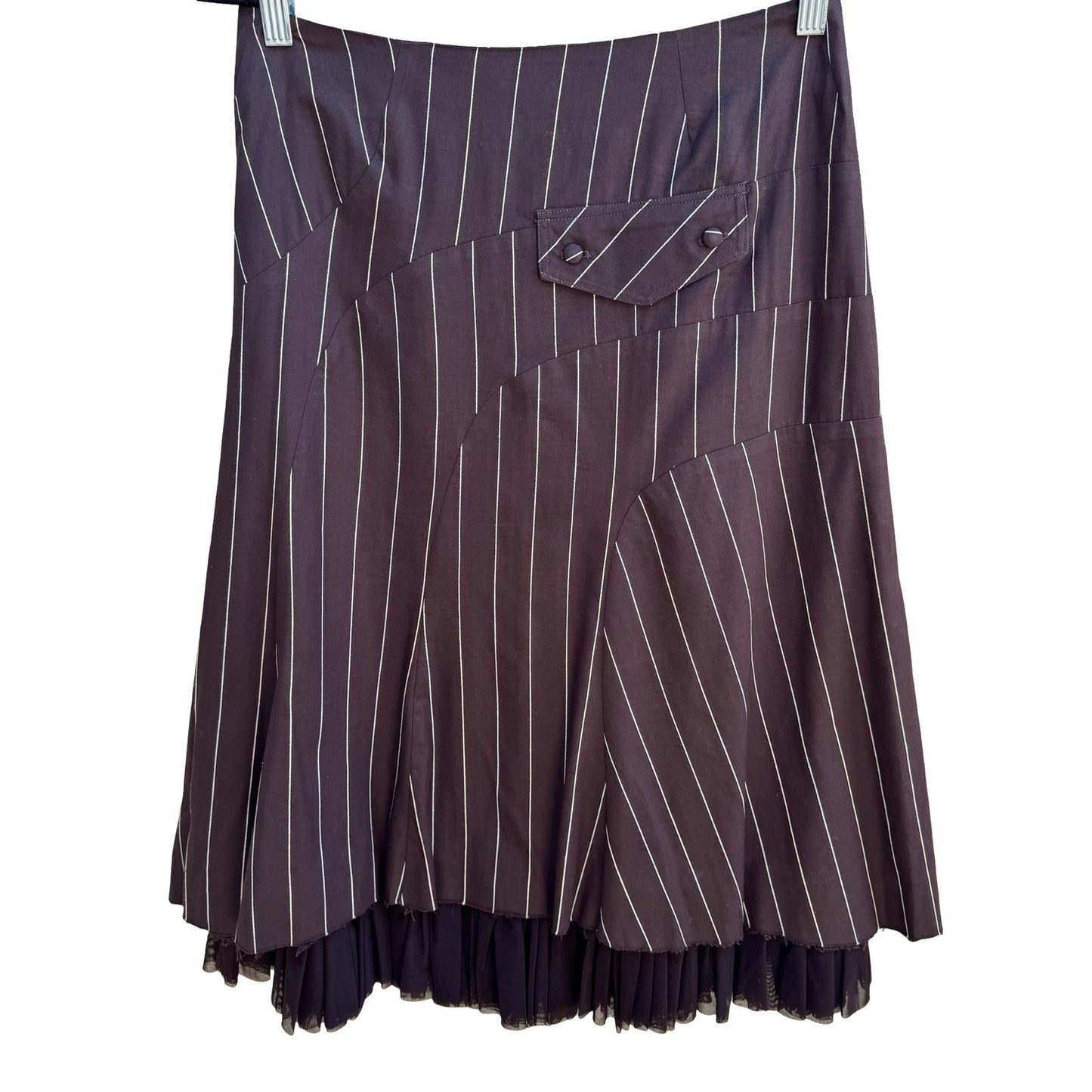 Louis Verdad Y2K Steampunk Tailored Pinstripe Deconstructed Mesh Hem Midi Skirt