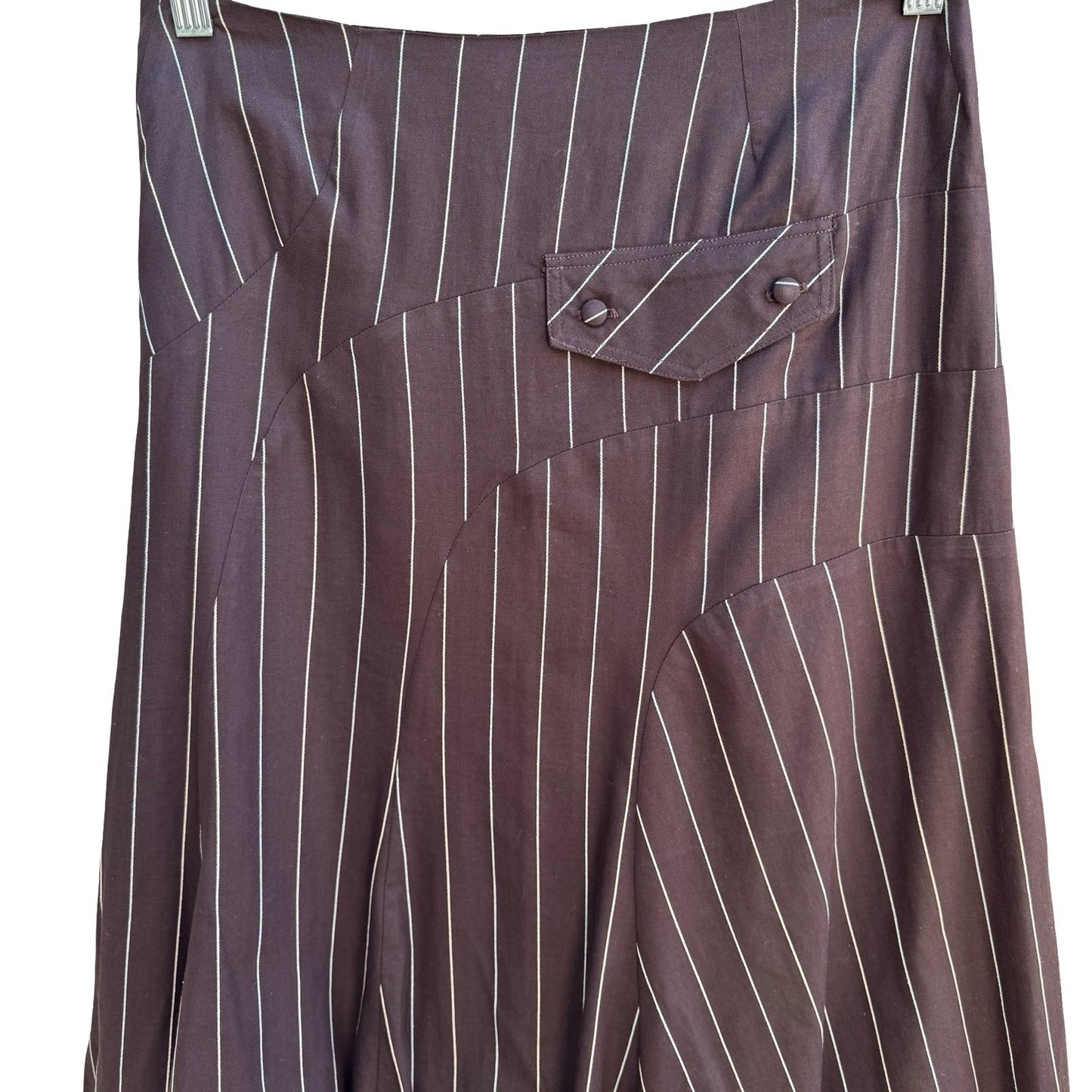 Louis Verdad Y2K Steampunk Tailored Pinstripe Deconstructed Mesh Hem Midi Skirt
