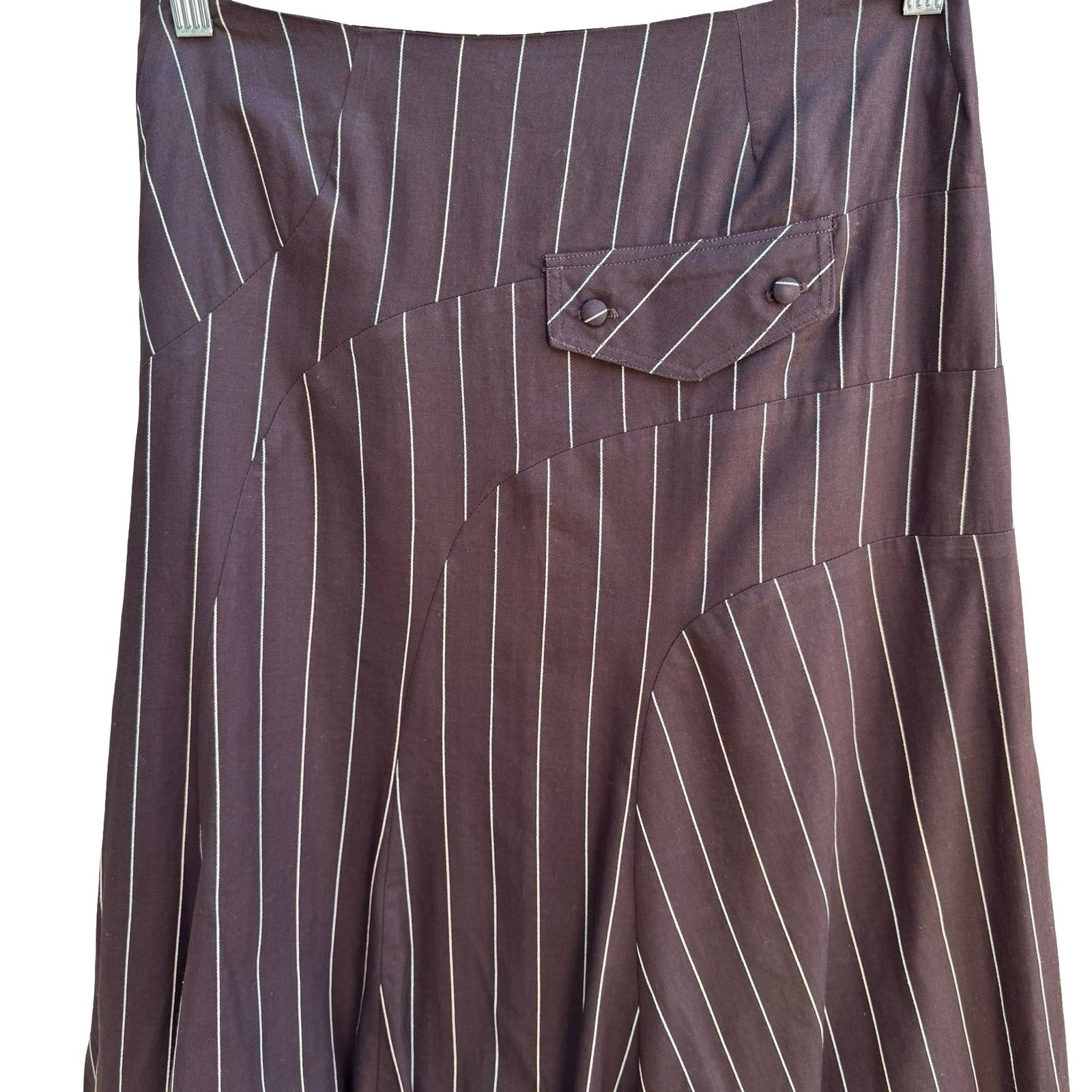Louis Verdad Y2K Steampunk Tailored Pinstripe Deconstructed Mesh Hem Midi Skirt