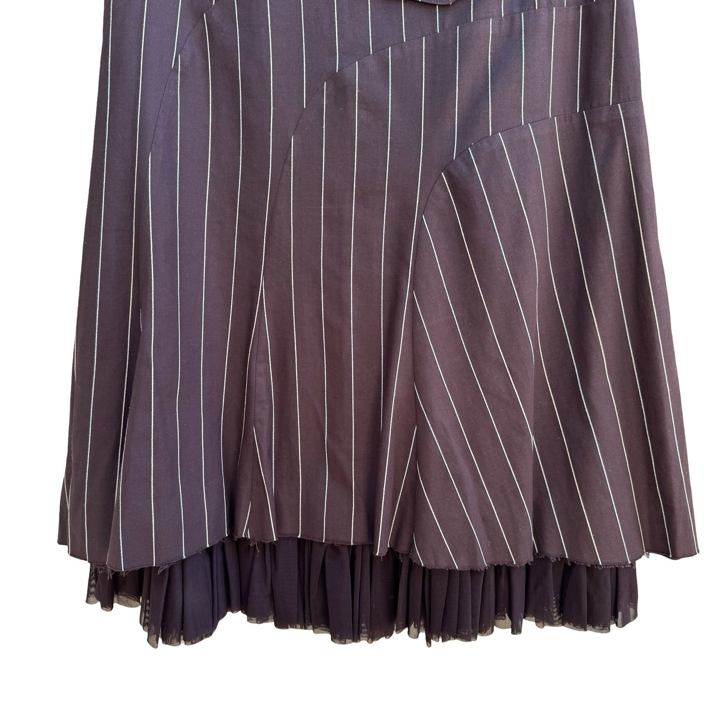Louis Verdad Y2K Steampunk Tailored Pinstripe Deconstructed Mesh Hem Midi Skirt