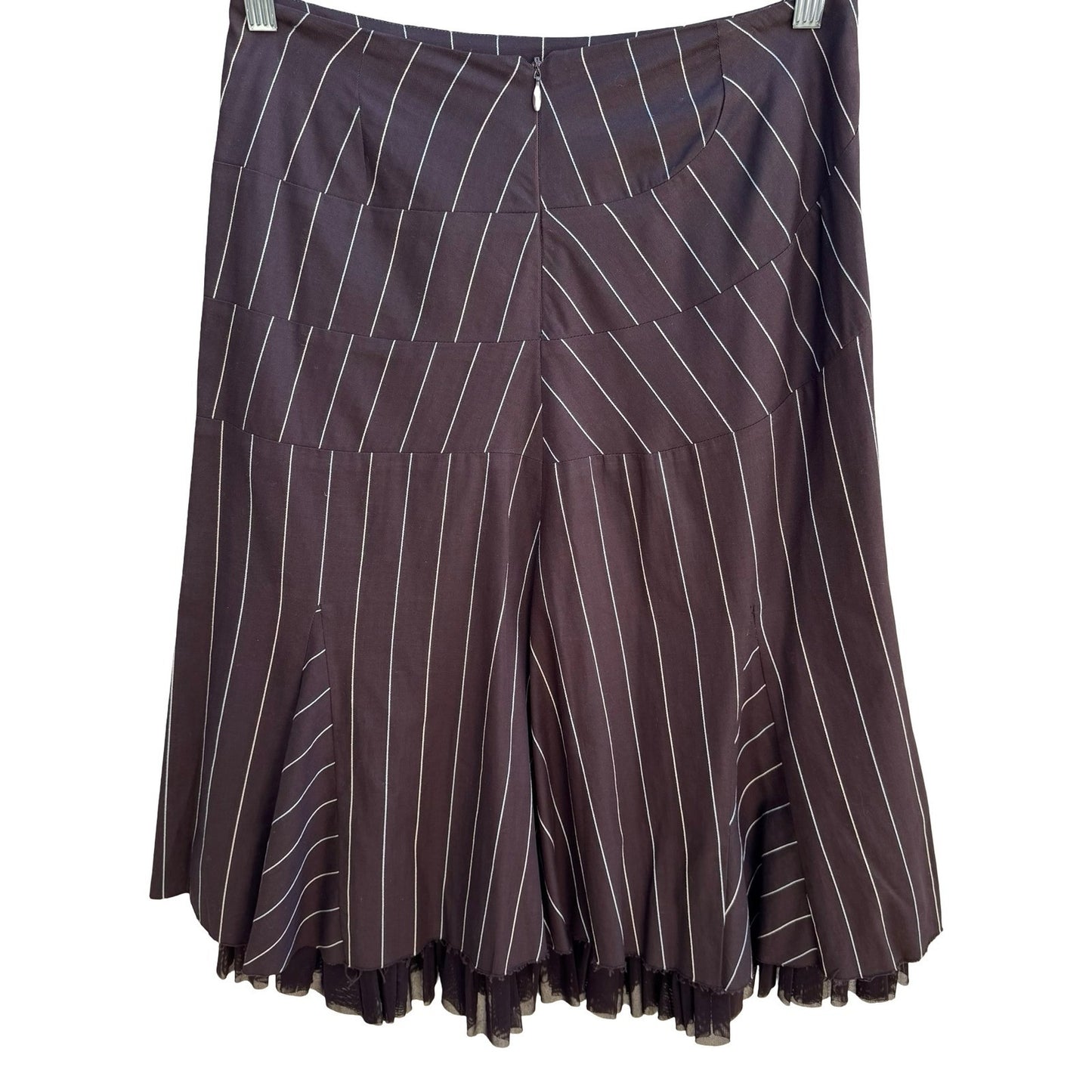 Louis Verdad Y2K Steampunk Tailored Pinstripe Deconstructed Mesh Hem Midi Skirt