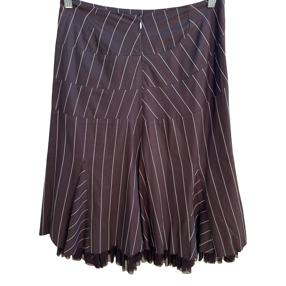 Louis Verdad Y2K Steampunk Tailored Pinstripe Deconstructed Mesh Hem Midi Skirt