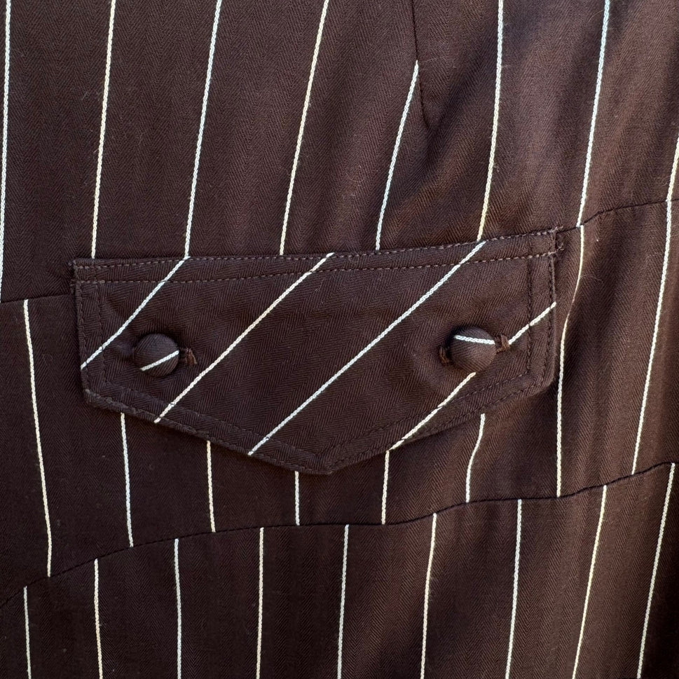 Louis Verdad Y2K Steampunk Tailored Pinstripe Deconstructed Mesh Hem Midi Skirt