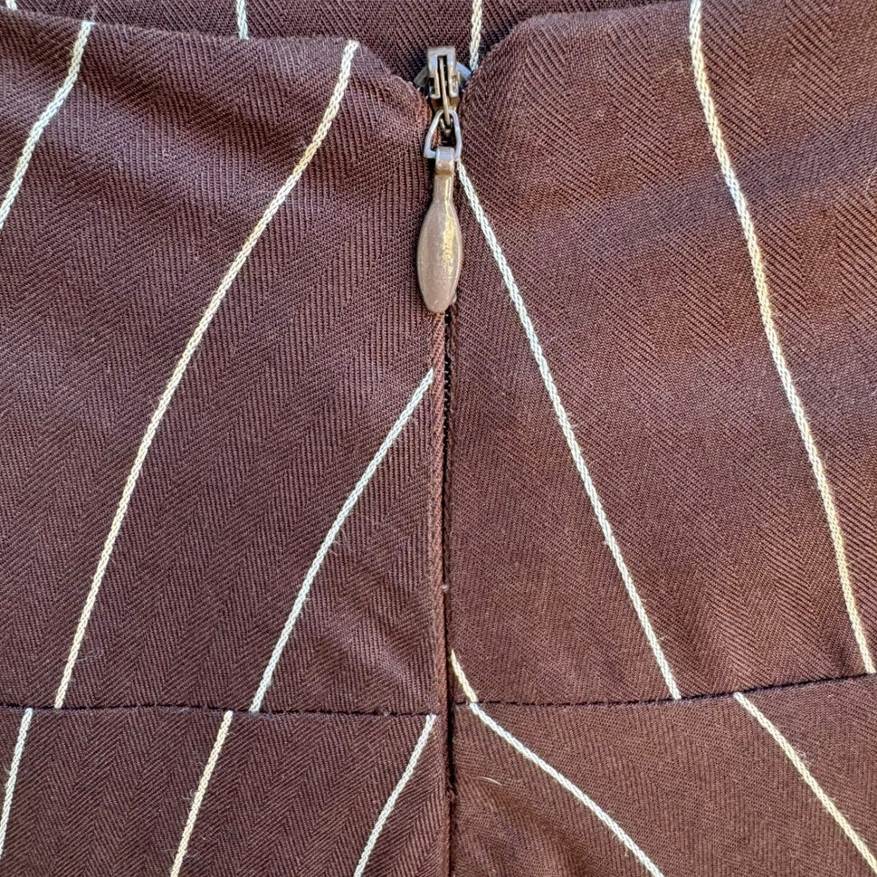 Louis Verdad Y2K Steampunk Tailored Pinstripe Deconstructed Mesh Hem Midi Skirt