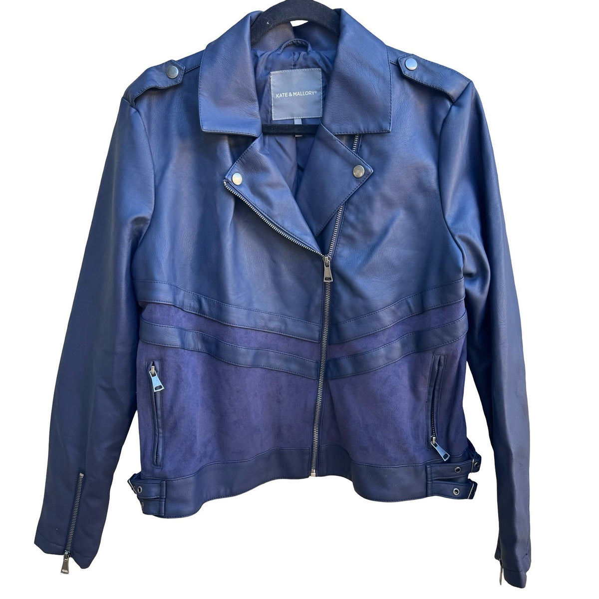 Kate & Mallory Faux Leather Suede Edgy Chic Moto Biker Mixed Media Jacket Navy L