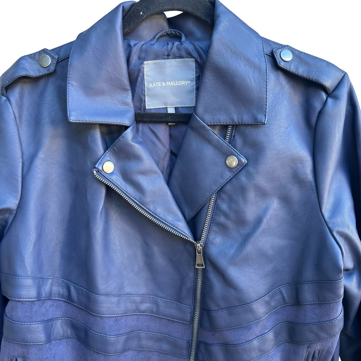 Kate & Mallory Faux Leather Suede Edgy Chic Moto Biker Mixed Media Jacket Navy L