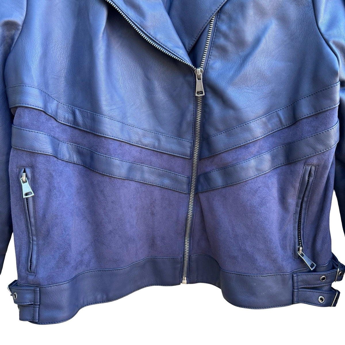 Kate & Mallory Faux Leather Suede Edgy Chic Moto Biker Mixed Media Jacket Navy L