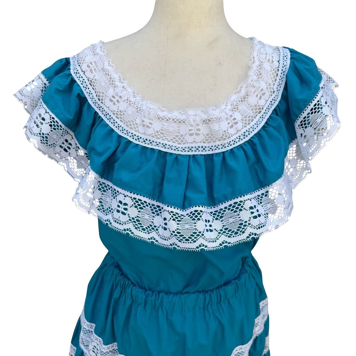 Vintage Handmade Teal Blue Lace Tiered Skirt Ruffle Top Set Fiesta Folk Prairie