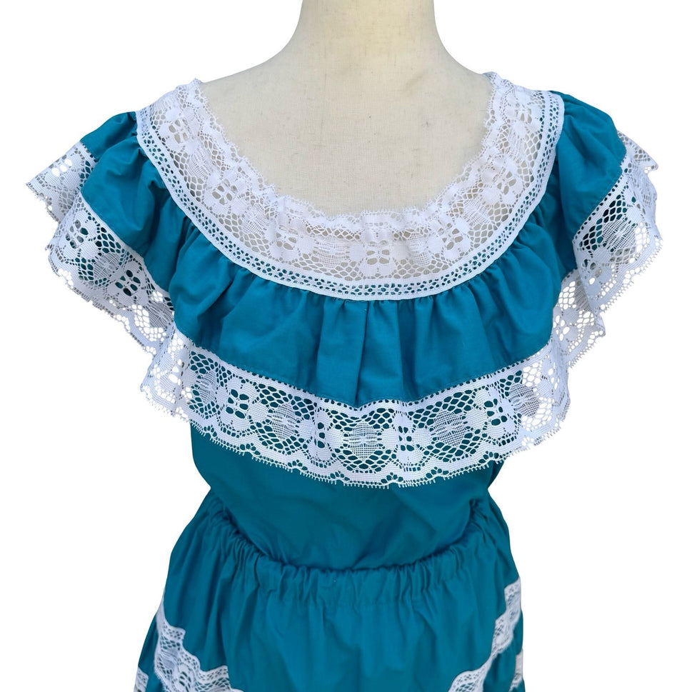 Vintage Handmade Teal Blue Lace Tiered Skirt Ruffle Top Set Fiesta Folk Prairie