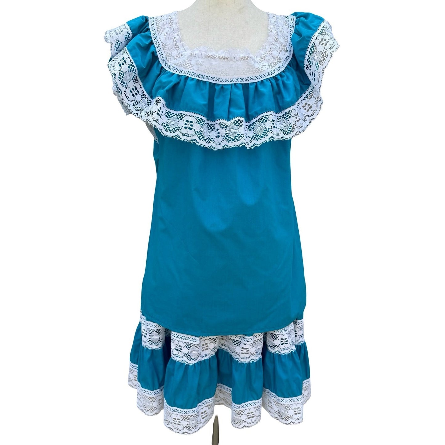 Vintage Handmade Teal Blue Lace Tiered Skirt Ruffle Top Set Fiesta Folk Prairie