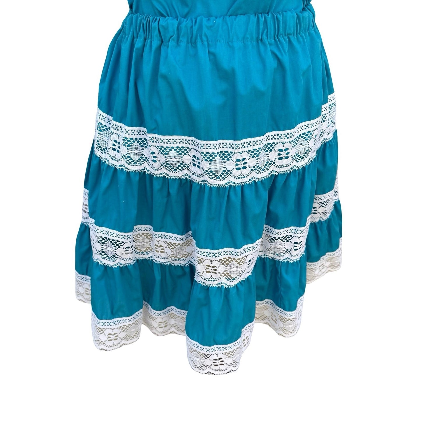 Vintage Handmade Teal Blue Lace Tiered Skirt Ruffle Top Set Fiesta Folk Prairie