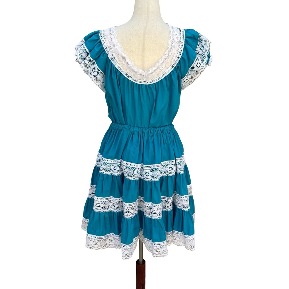 Vintage Handmade Teal Blue Lace Tiered Skirt Ruffle Top Set Fiesta Folk Prairie