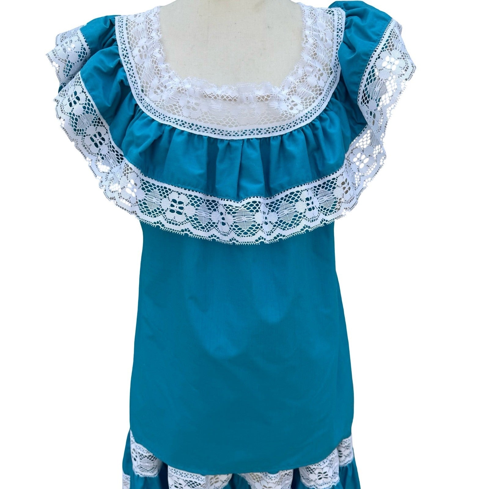 Vintage Handmade Teal Blue Lace Tiered Skirt Ruffle Top Set Fiesta Folk Prairie