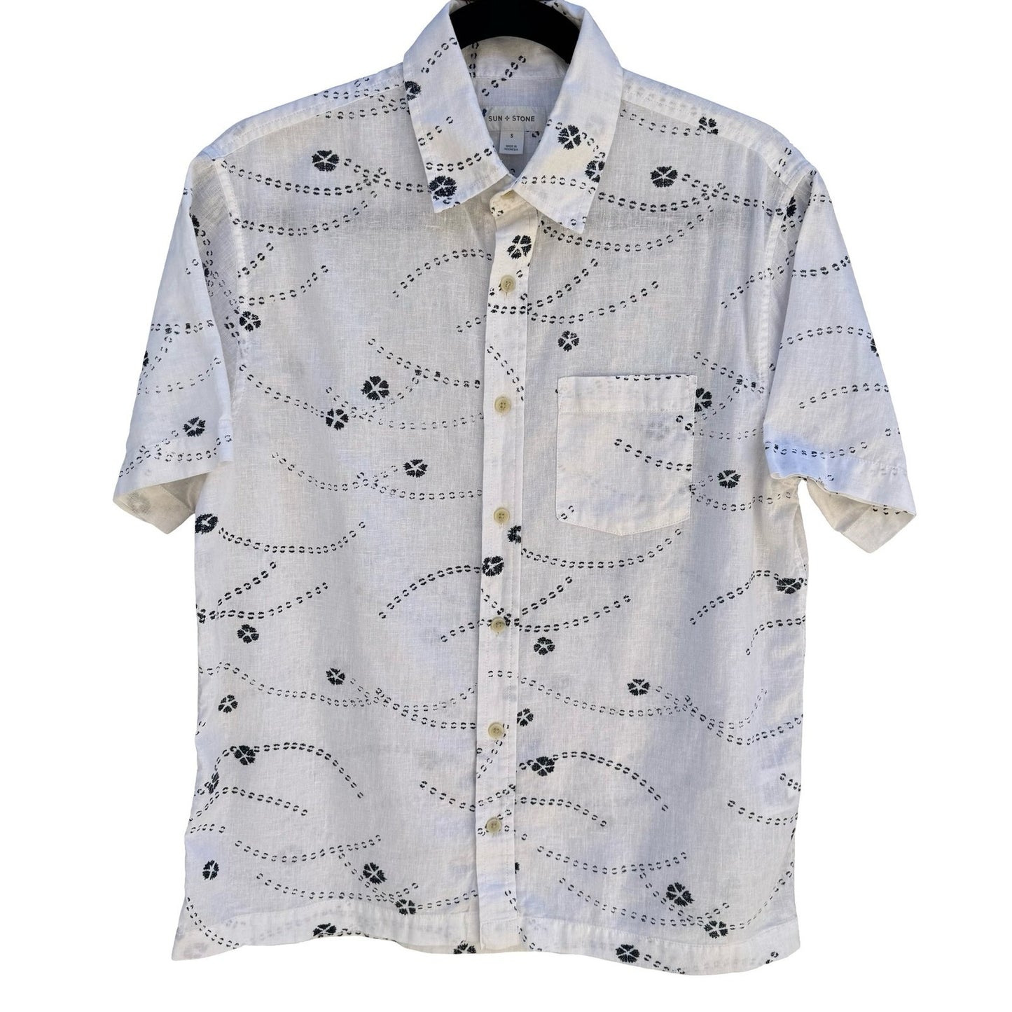 Sun + Stone Linen Cotton Floral Wave Coastal Resortwear Shirt Mens S White Beach