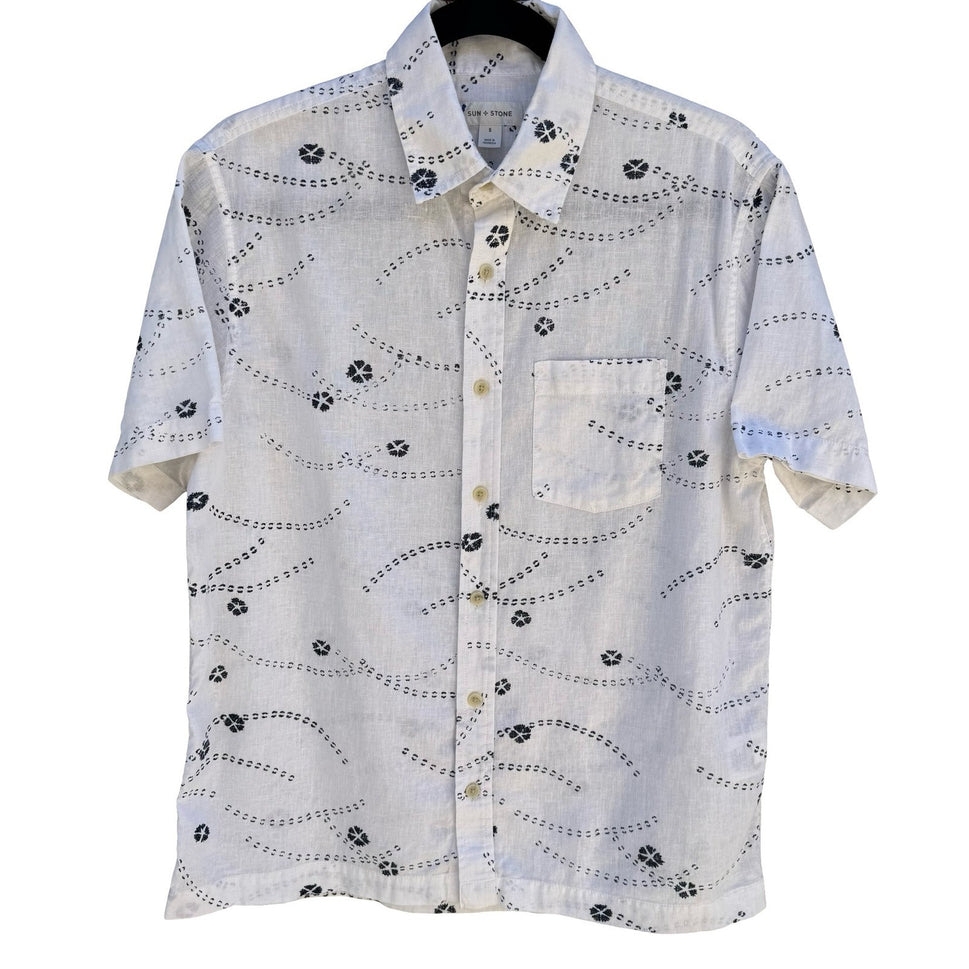 Sun + Stone Linen Cotton Floral Wave Coastal Resortwear Shirt Mens S White Beach