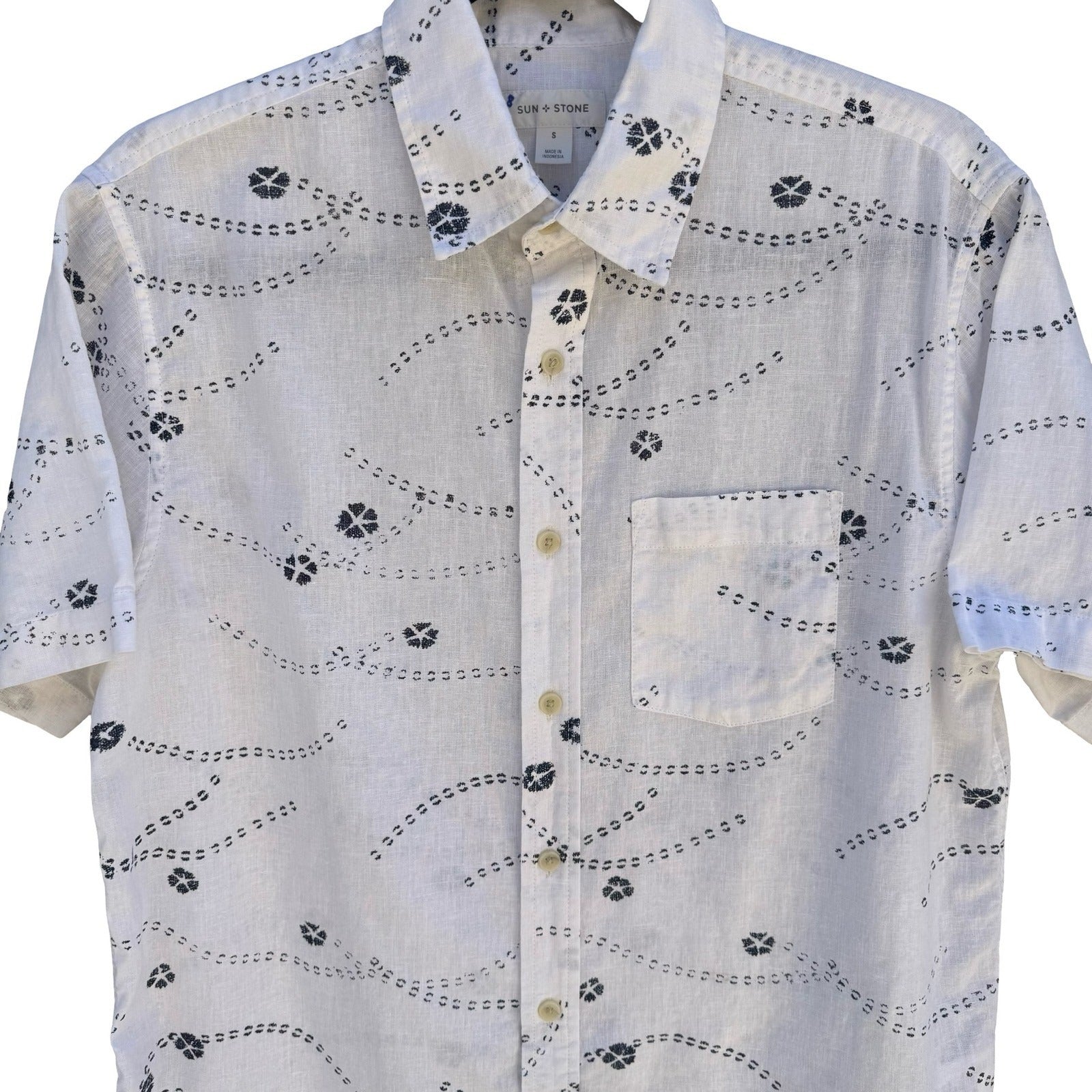 Sun + Stone Linen Cotton Floral Wave Coastal Resortwear Shirt Mens S White Beach