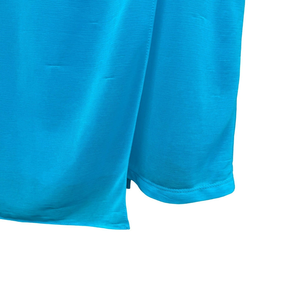 Flowy Turquoise Draped Sleeveless Keyhole Back Layered Pleated Shoulder Blouse L
