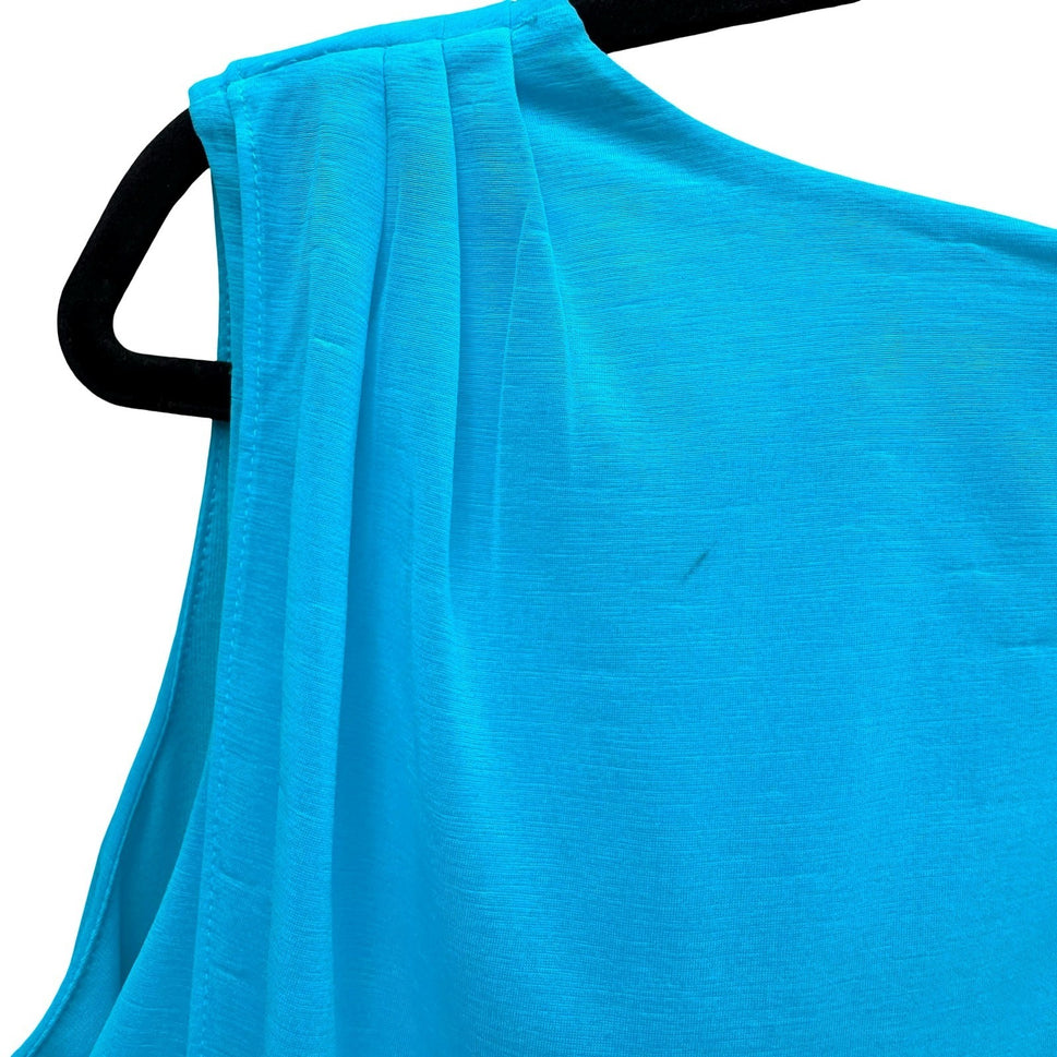 Flowy Turquoise Draped Sleeveless Keyhole Back Layered Pleated Shoulder Blouse L