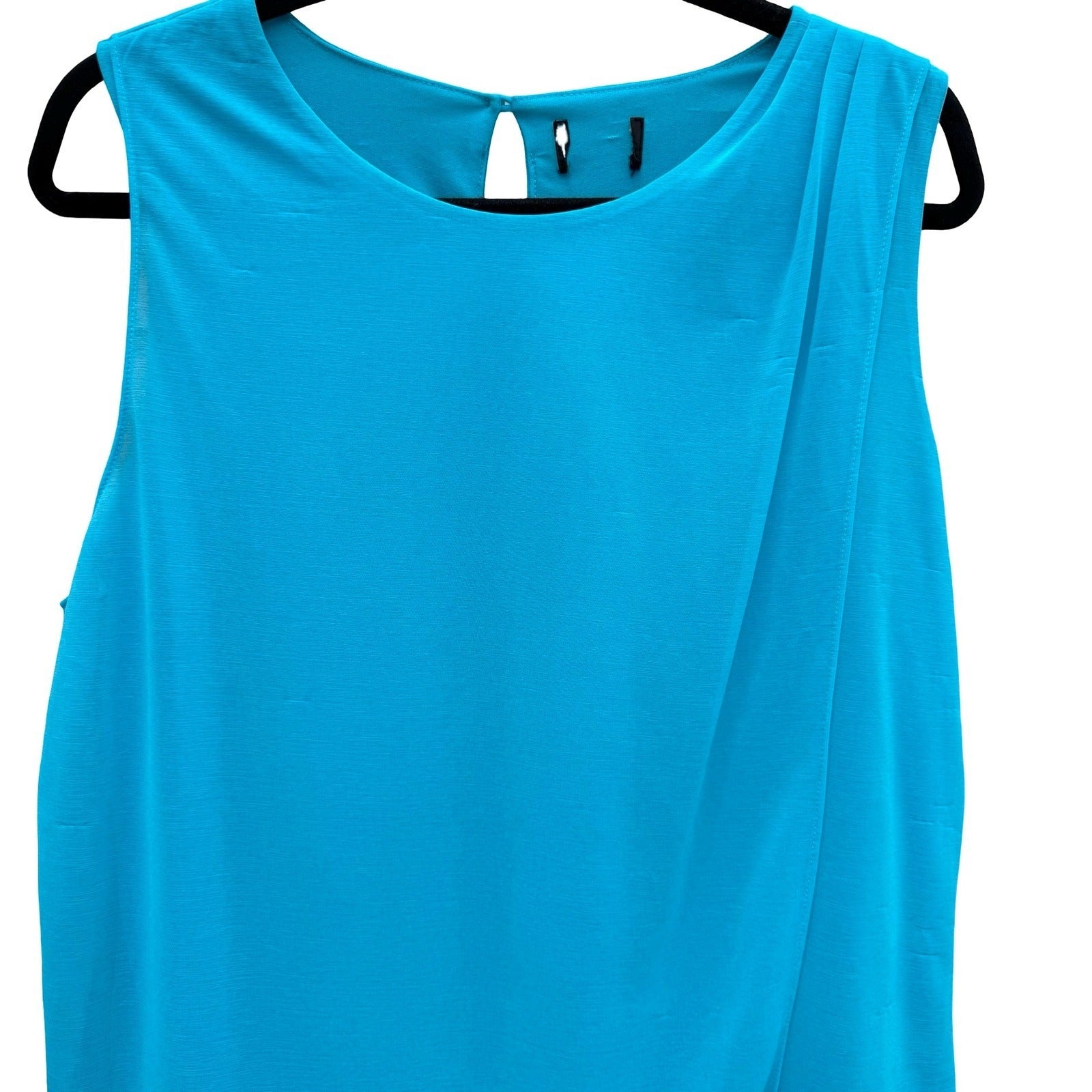 Flowy Turquoise Draped Sleeveless Keyhole Back Layered Pleated Shoulder Blouse L