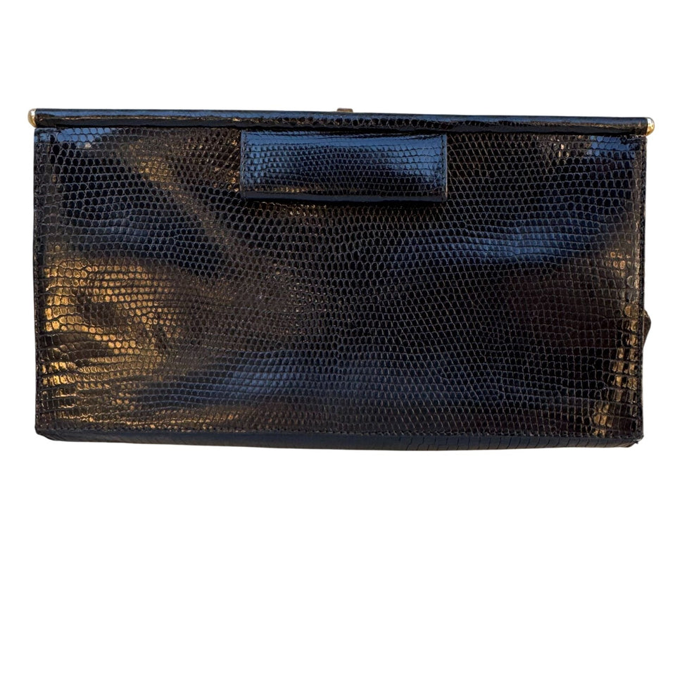 Donna Karan Vintage Black Genuine Lizard Leather Clasp Clutch Purse Snap Closure
