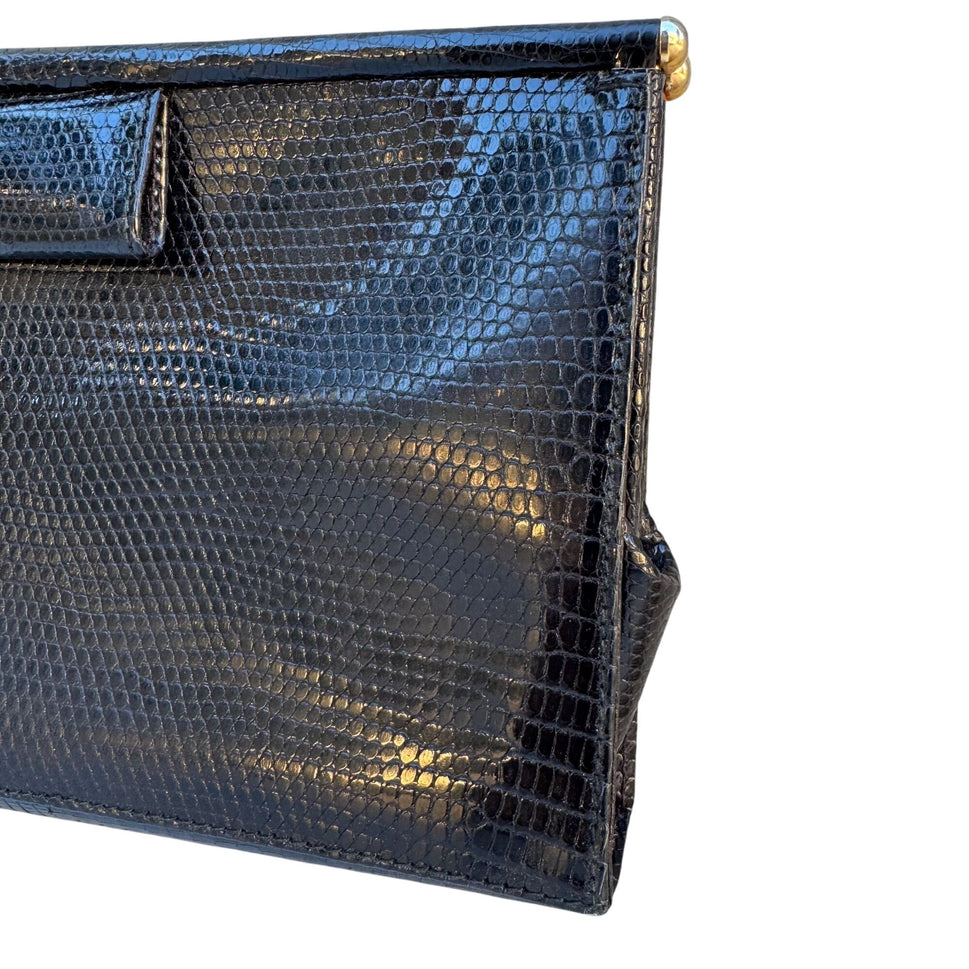 Donna Karan Vintage Black Genuine Lizard Leather Clasp Clutch Purse Snap Closure