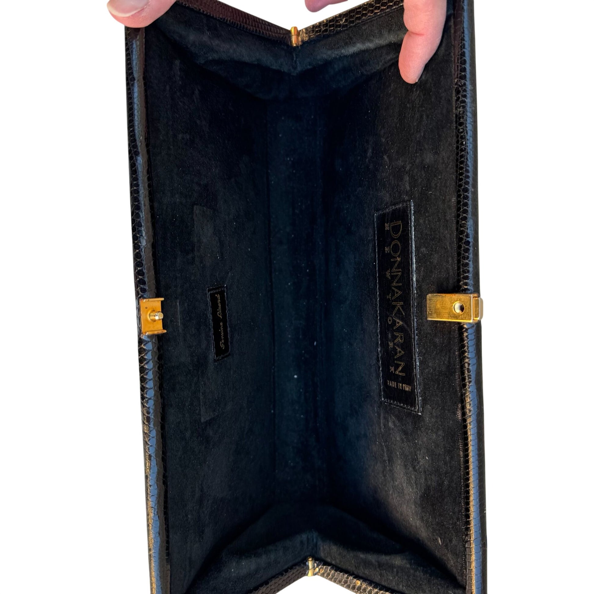 Donna Karan Vintage Black Genuine Lizard Leather Clasp Clutch Purse Snap Closure