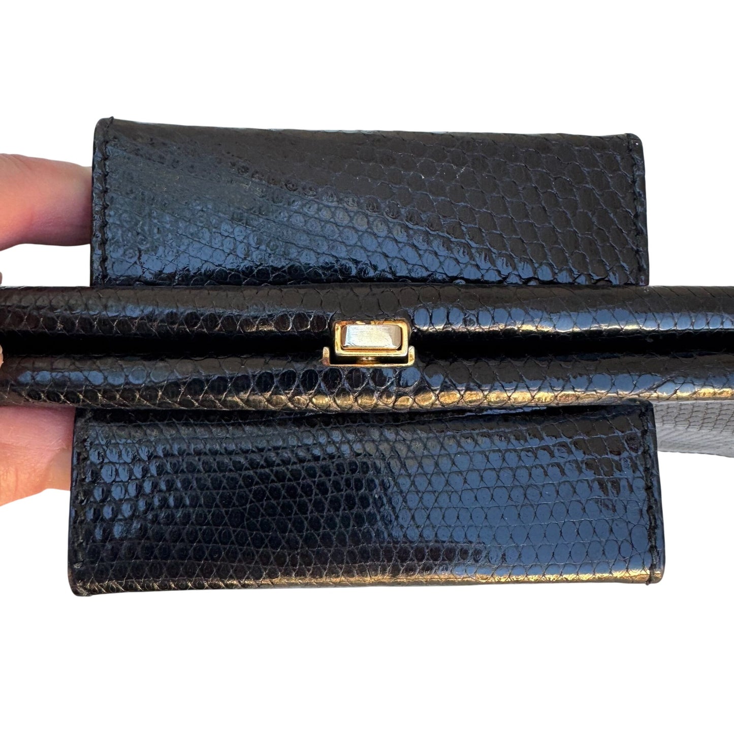 Donna Karan Vintage Black Genuine Lizard Leather Clasp Clutch Purse Snap Closure